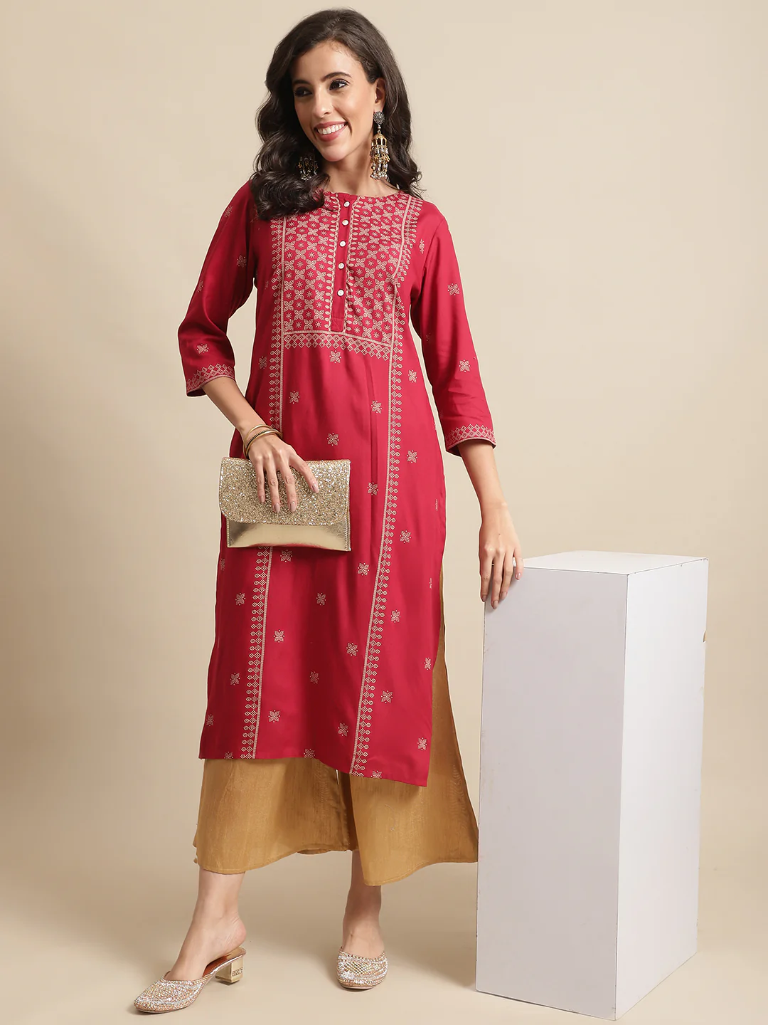 Women's Casual Round Neck Red Printed Calf Length Kurti - Image 5