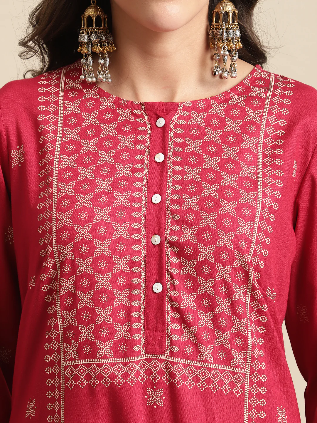 Women's Casual Round Neck Red Printed Calf Length Kurti - Image 6