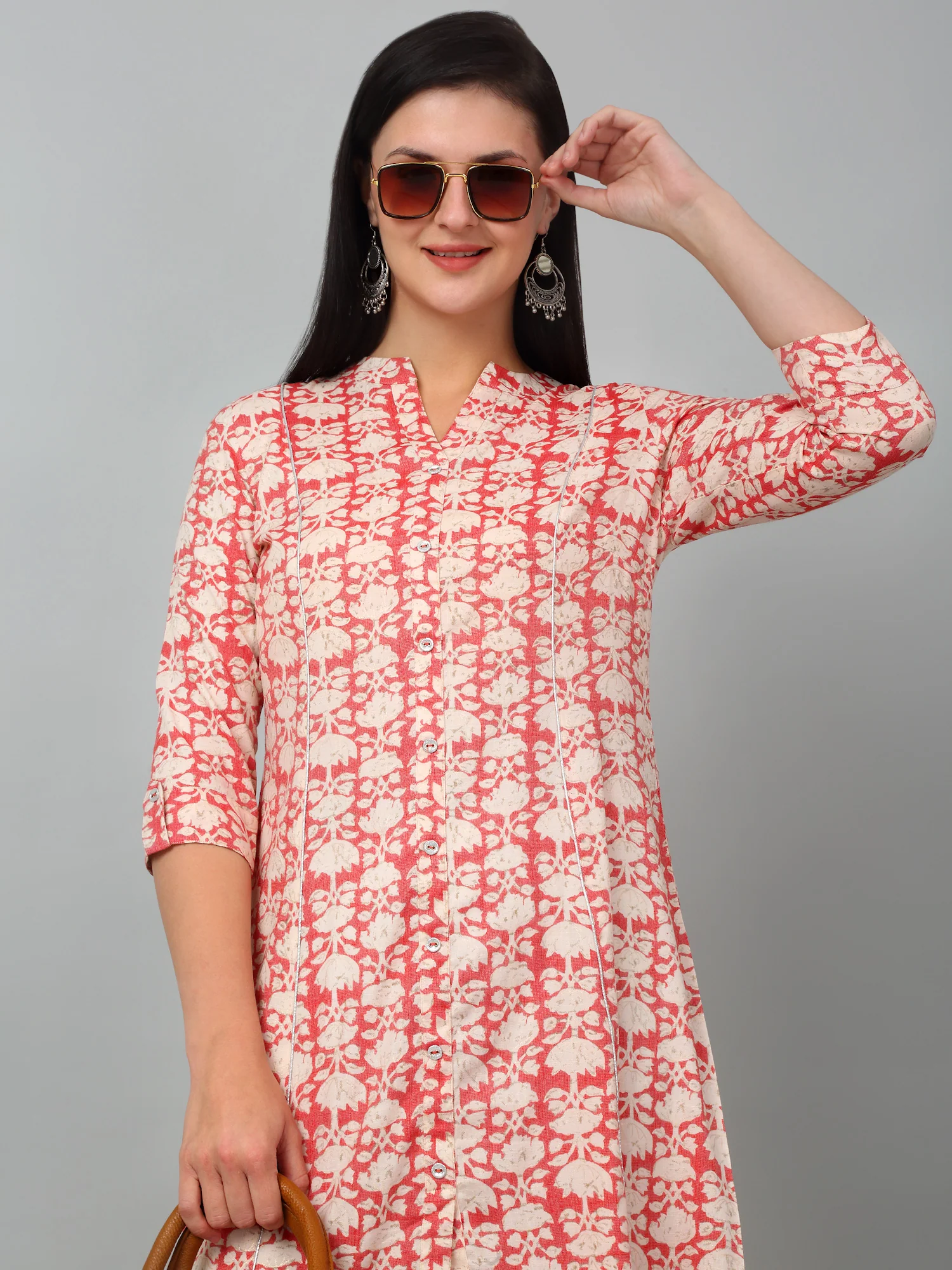 Women's Casual Band Collar Carrot All over Printed Knee Length Kurti - Image 6