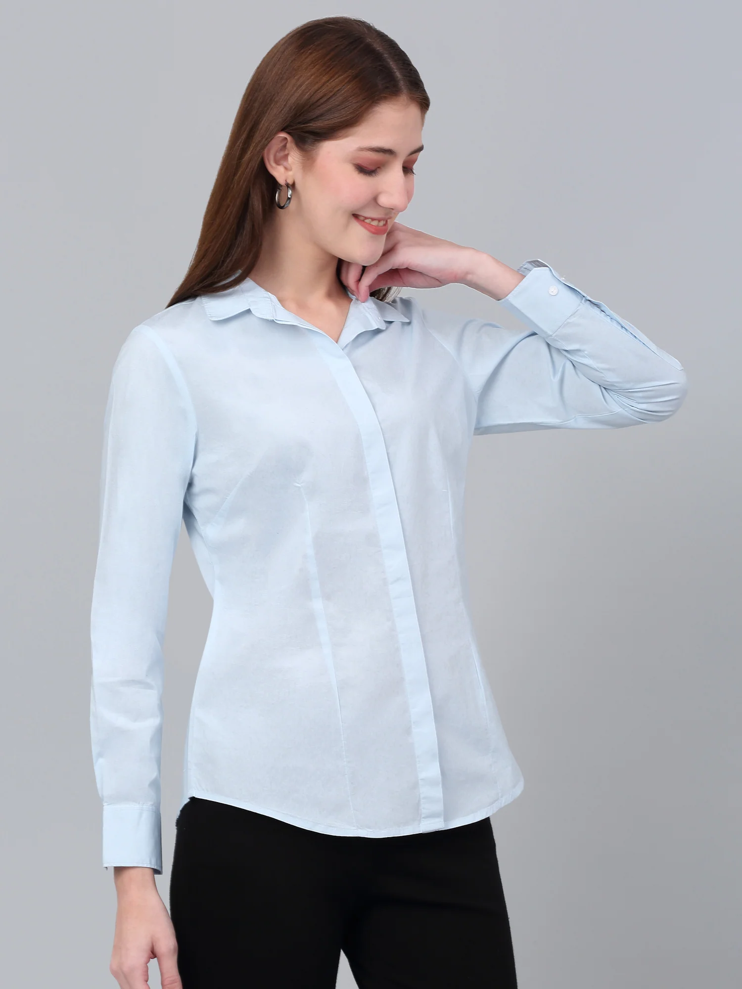 Women's Sky Blue Solid Formal Shirt - Image 4