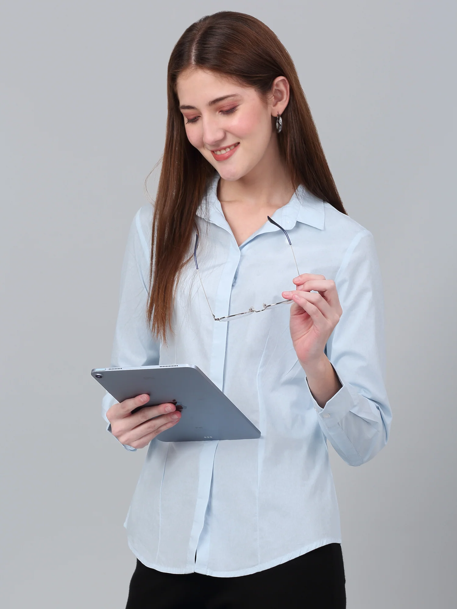 Women's Sky Blue Solid Formal Shirt - Image 6