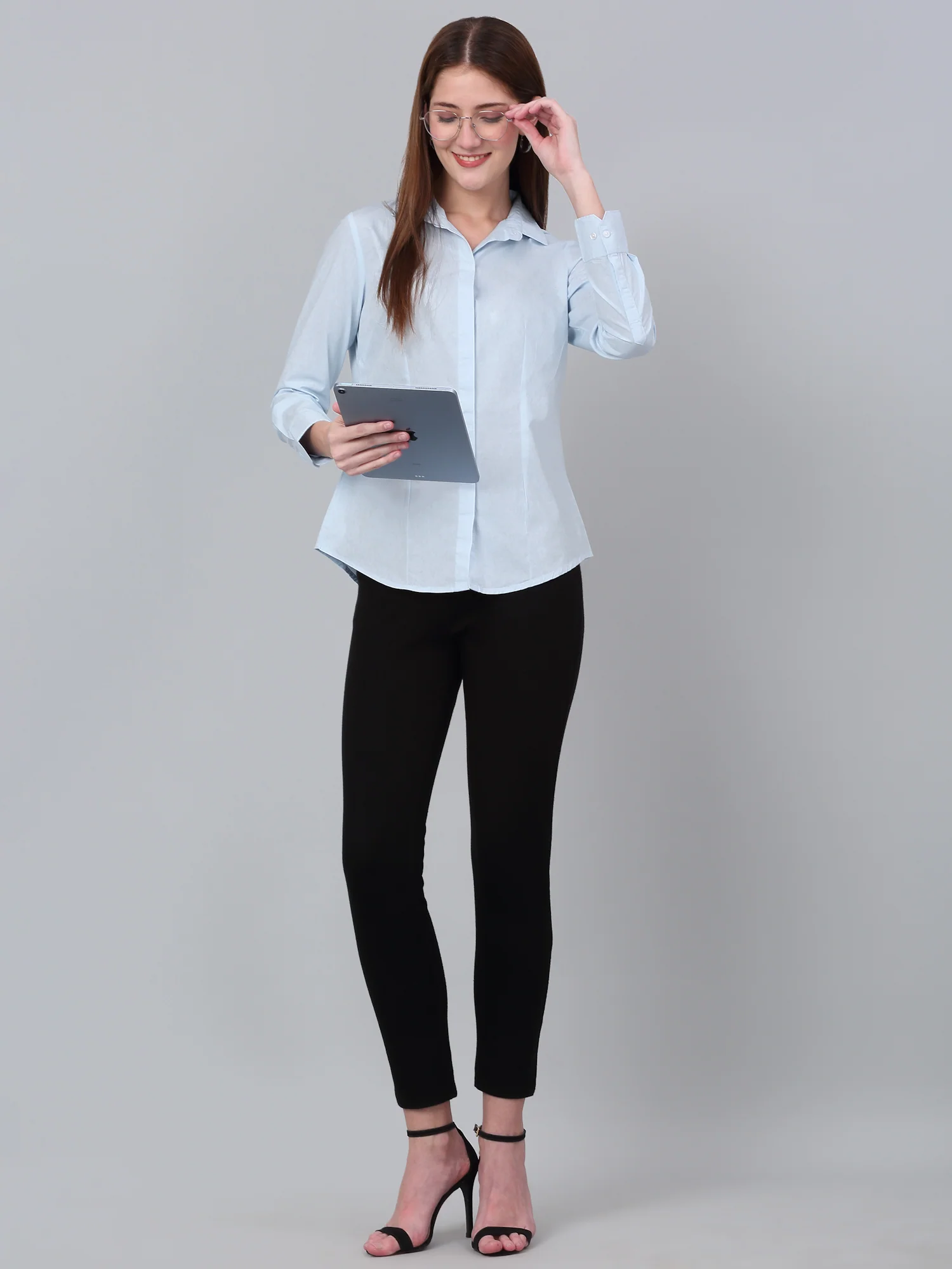 Women's Sky Blue Solid Formal Shirt - Image 7
