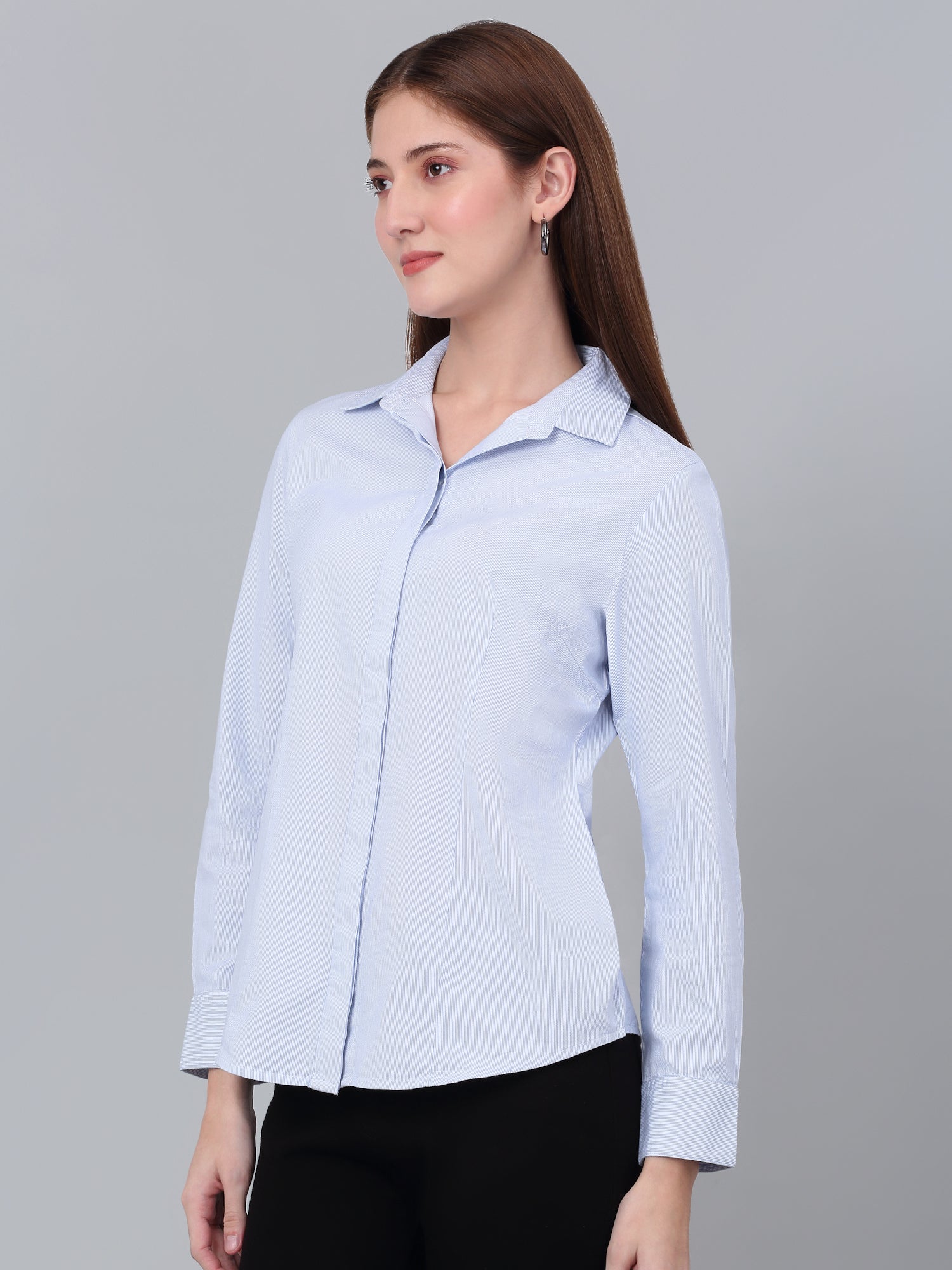Women’s Sky Blue Striped Formal Shirt | Cantabil - Image 3