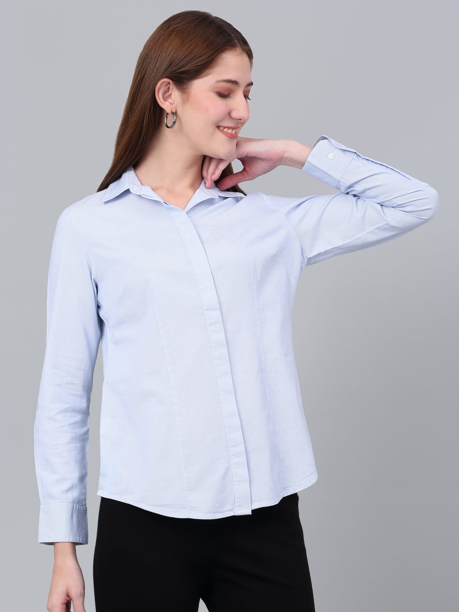 Women’s Sky Blue Striped Formal Shirt | Cantabil - Image 4