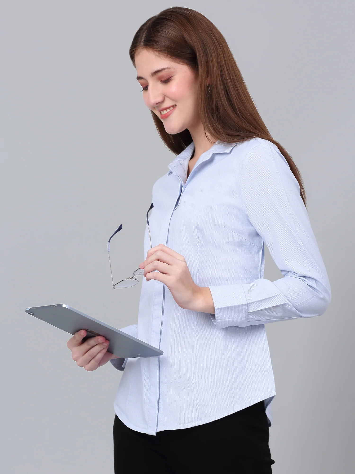 Women’s Sky Blue Striped Formal Shirt | Cantabil - Image 6