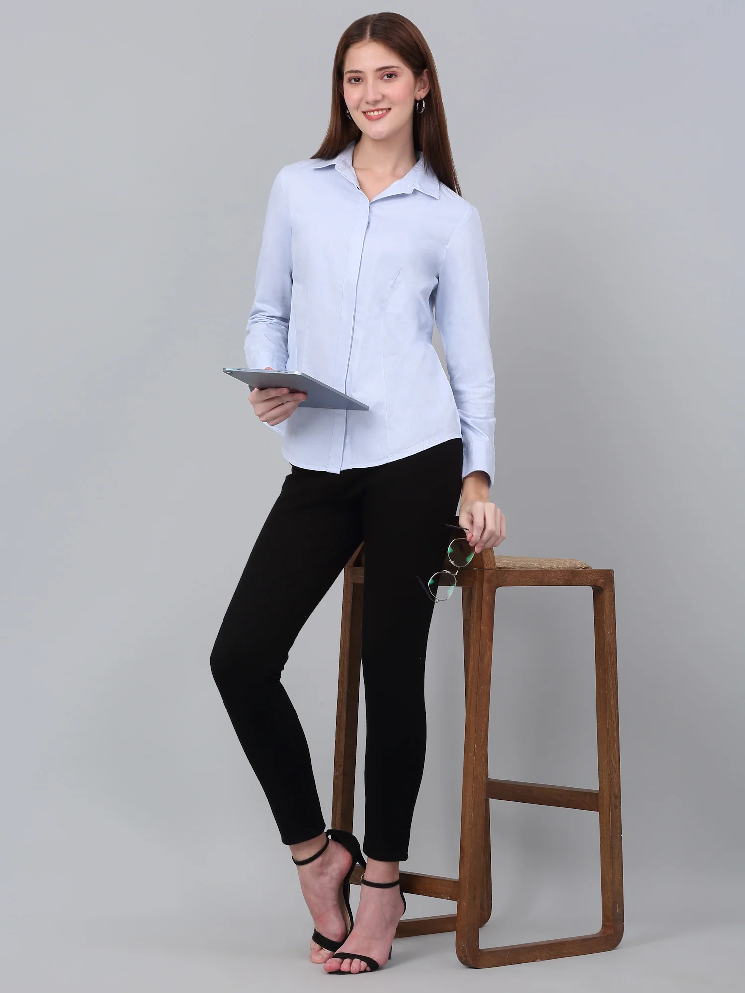 Women’s Sky Blue Striped Formal Shirt | Cantabil - Image 7