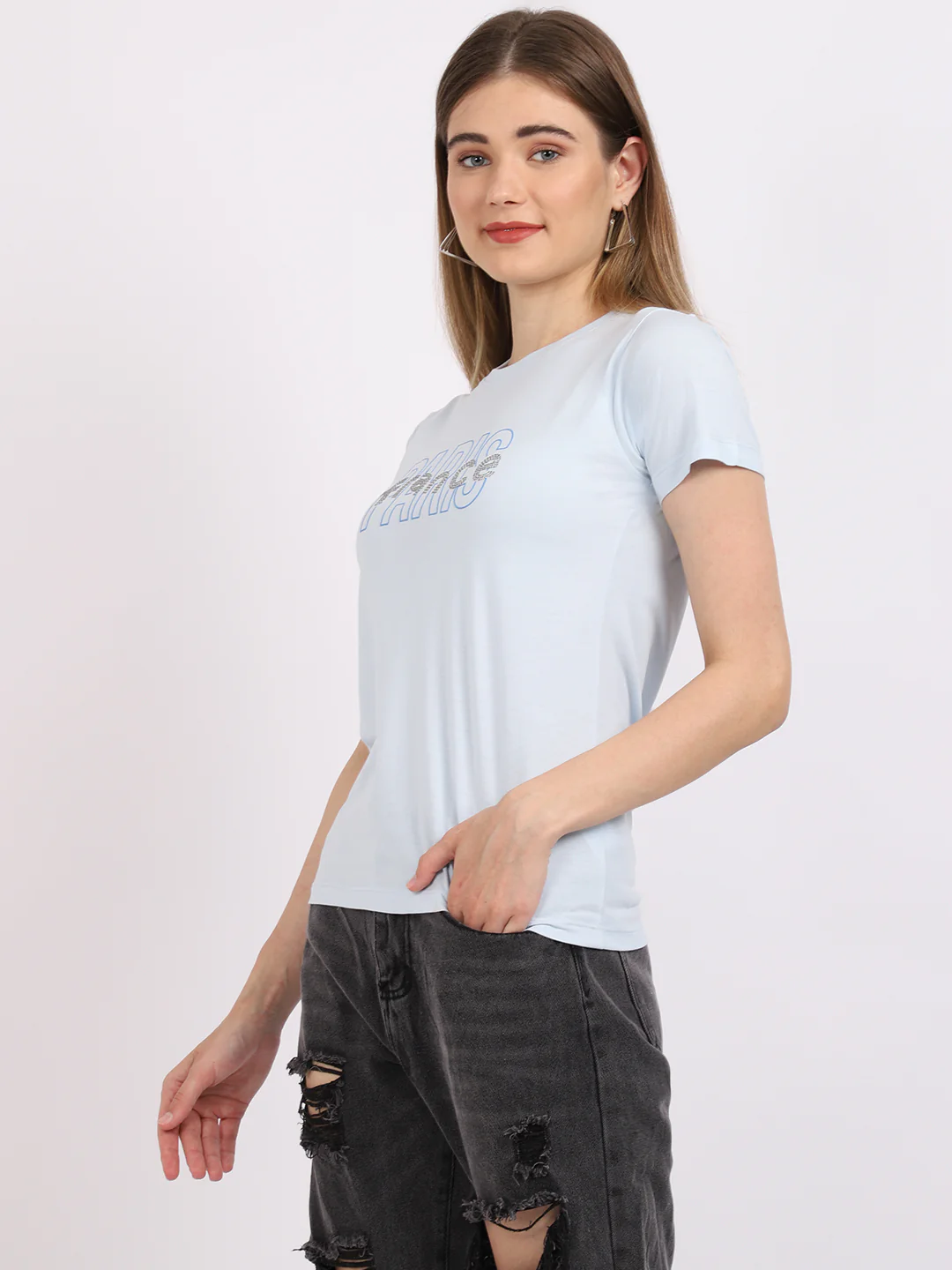Women's Casual Regular Short Sleeve Sky Blue Round neck Typographic Print T-Shirt - Image 3