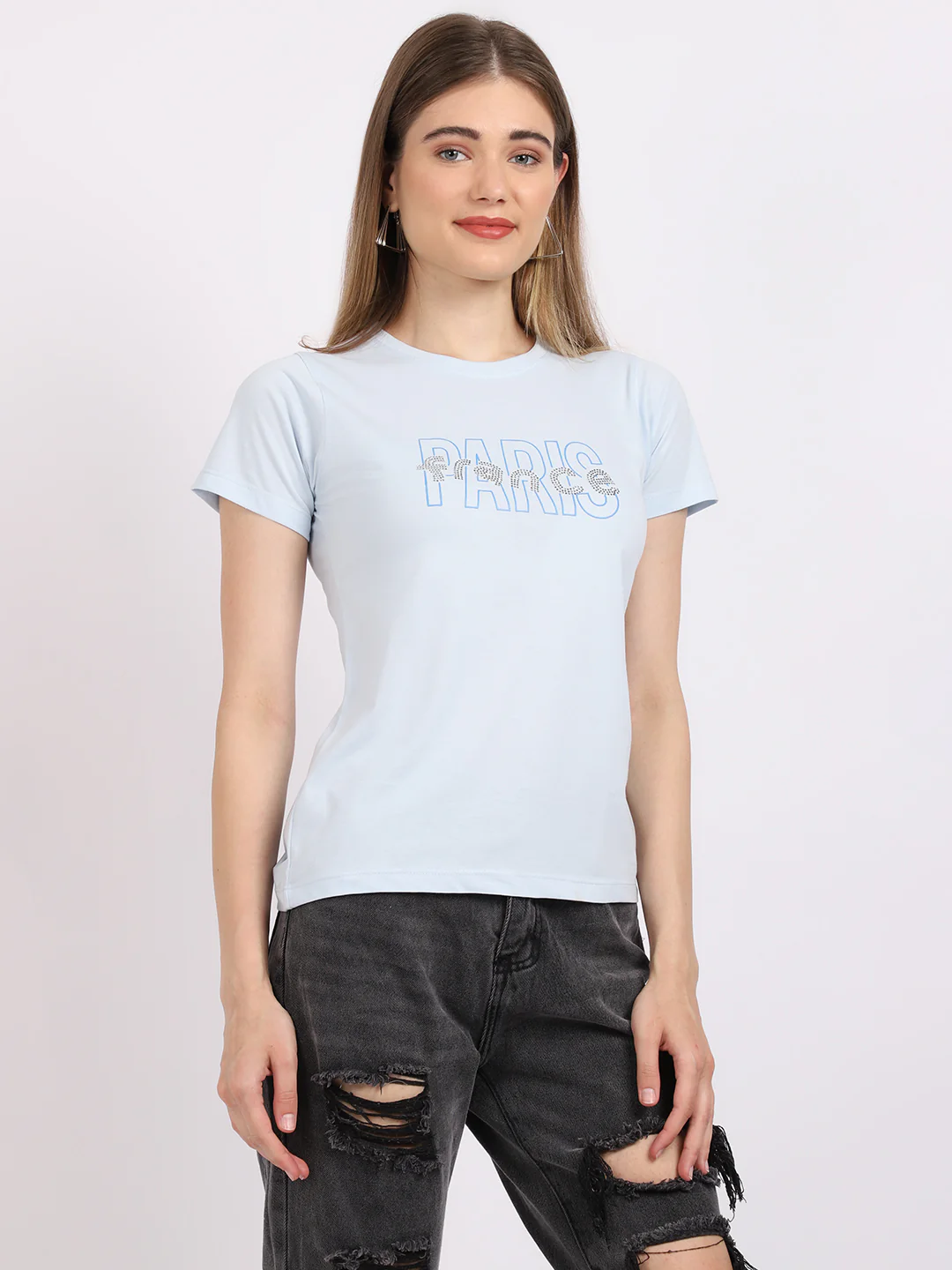 Women's Casual Regular Short Sleeve Sky Blue Round neck Typographic Print T-Shirt - Image 4