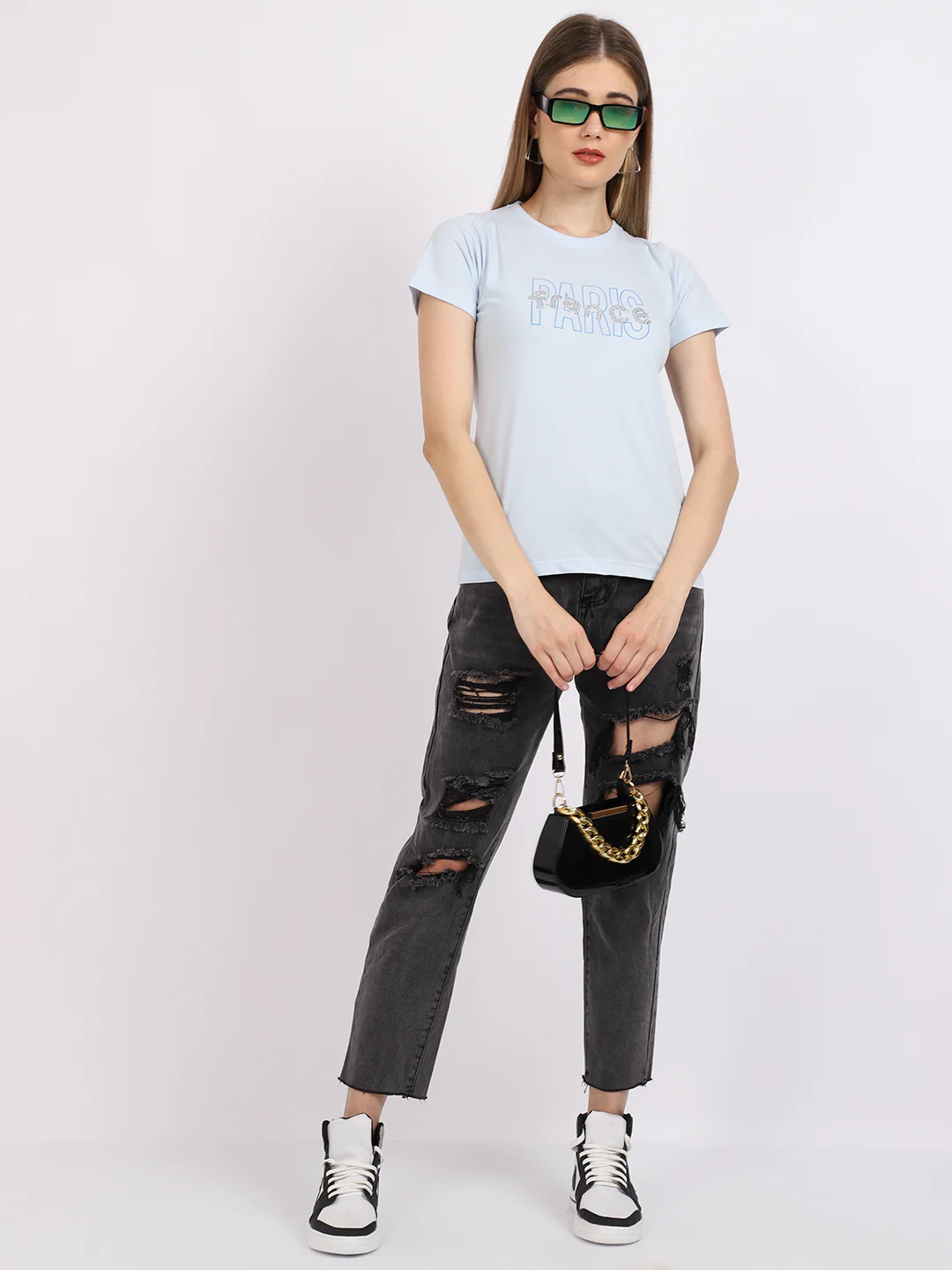 Women's Casual Regular Short Sleeve Sky Blue Round neck Typographic Print T-Shirt - Image 5