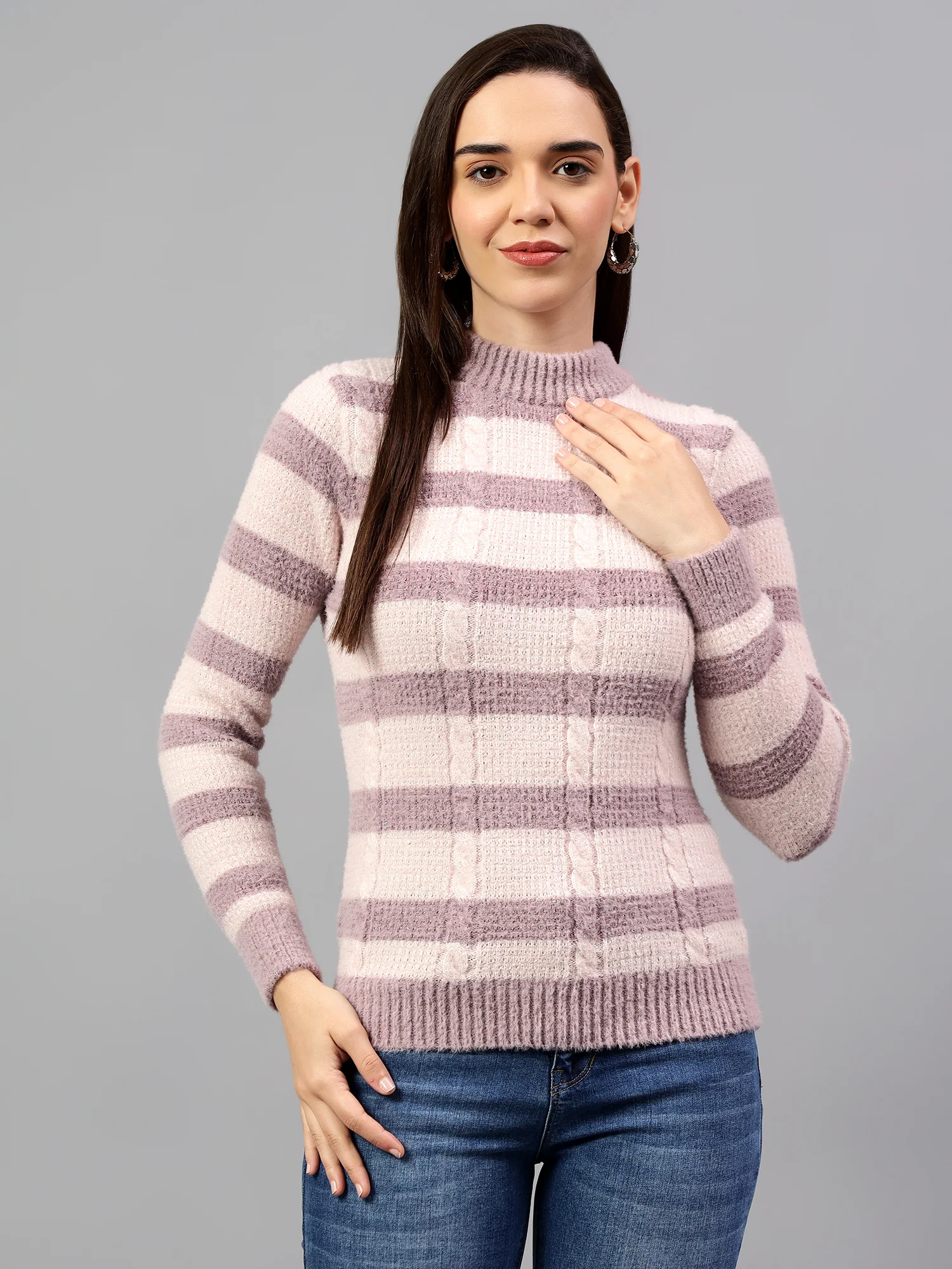 Cantabil Women's Striped Mauve Full Sleeve Casual Sweater - Image 2