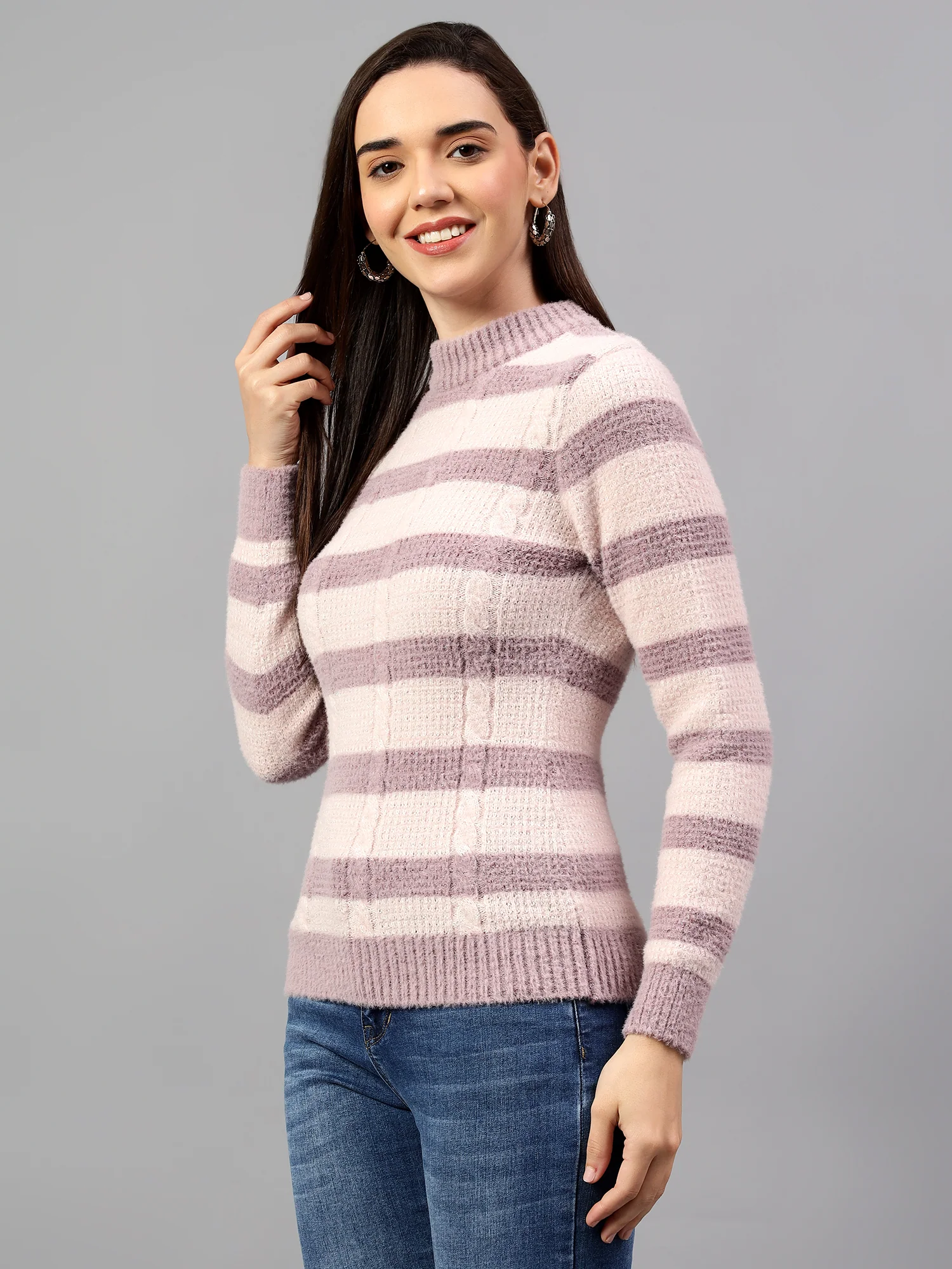 Cantabil Women's Striped Mauve Full Sleeve Casual Sweater - Image 3