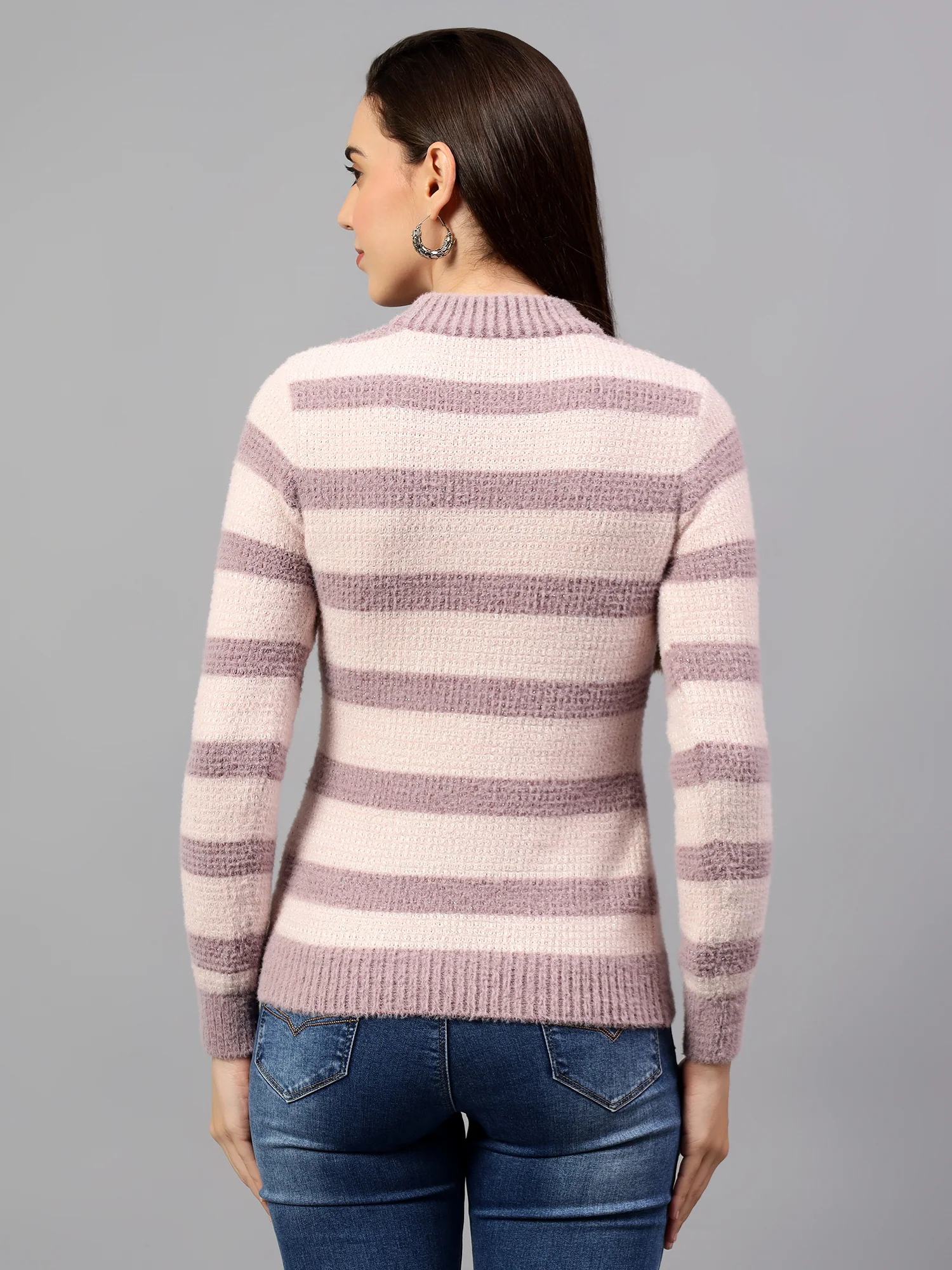 Cantabil Women's Striped Mauve Full Sleeve Casual Sweater - Image 4
