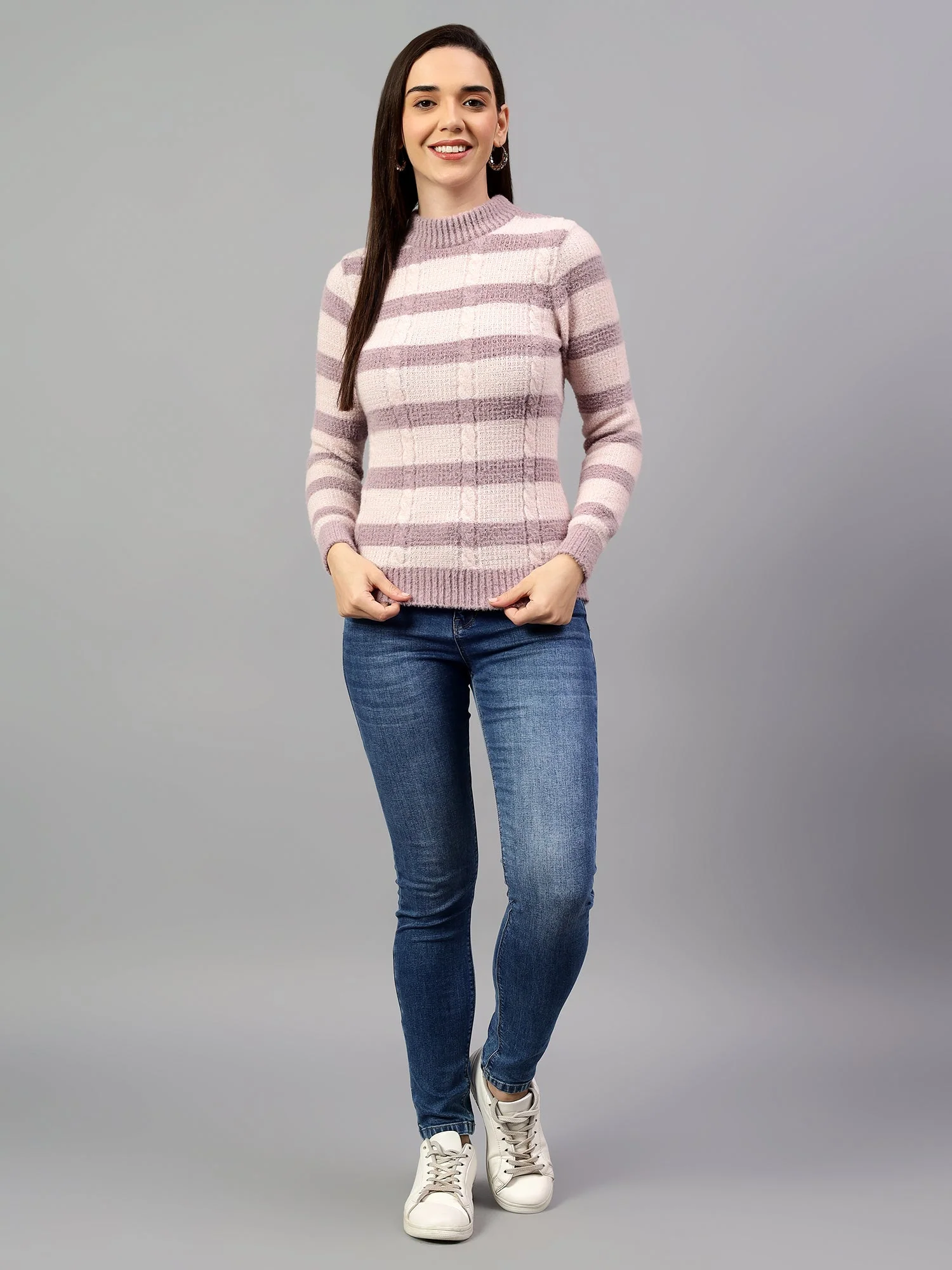 Cantabil Women's Striped Mauve Full Sleeve Casual Sweater - Image 5