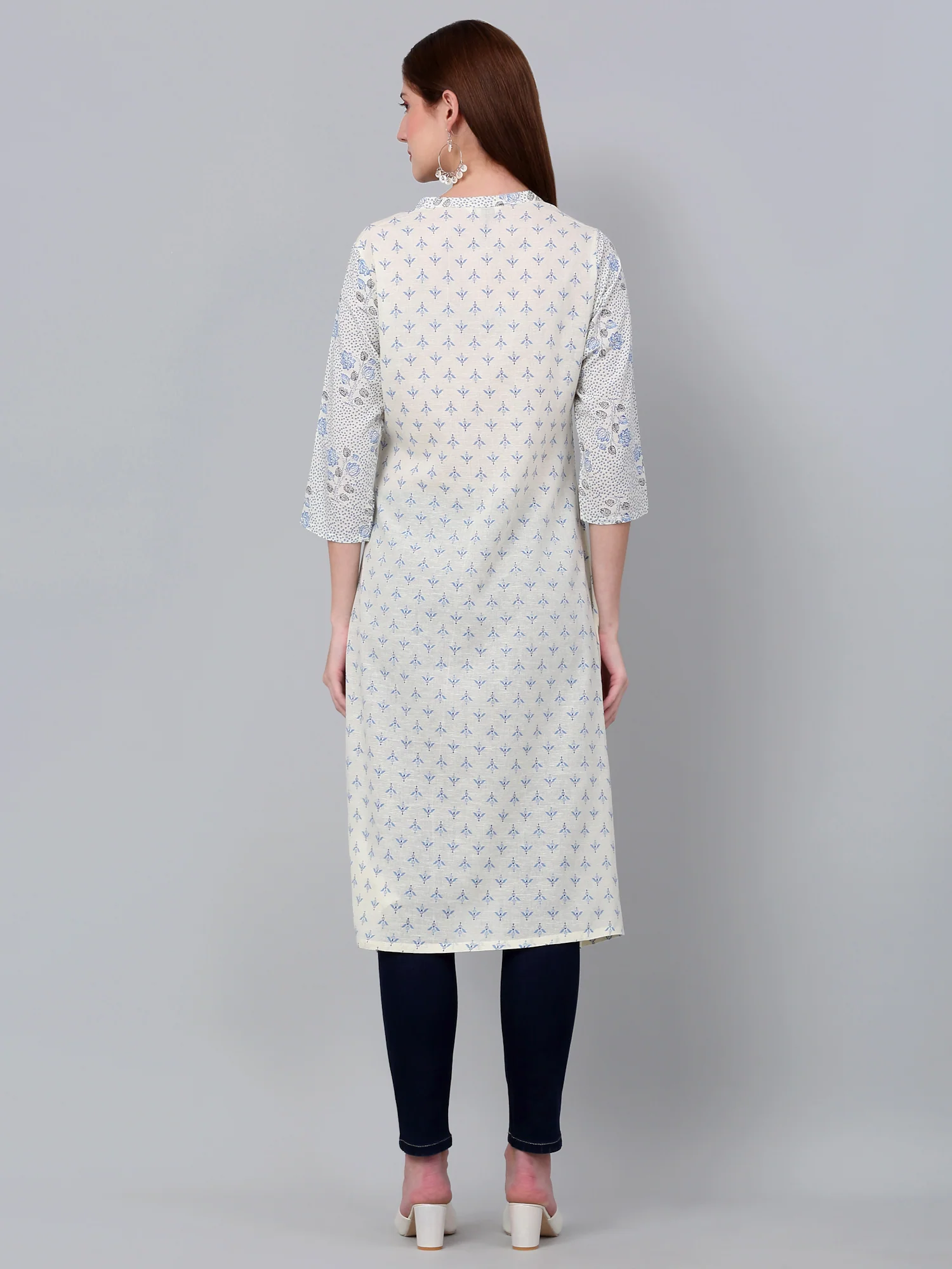 Women's White Floral Printed Three Quarter Sleeves Kurti - Image 2