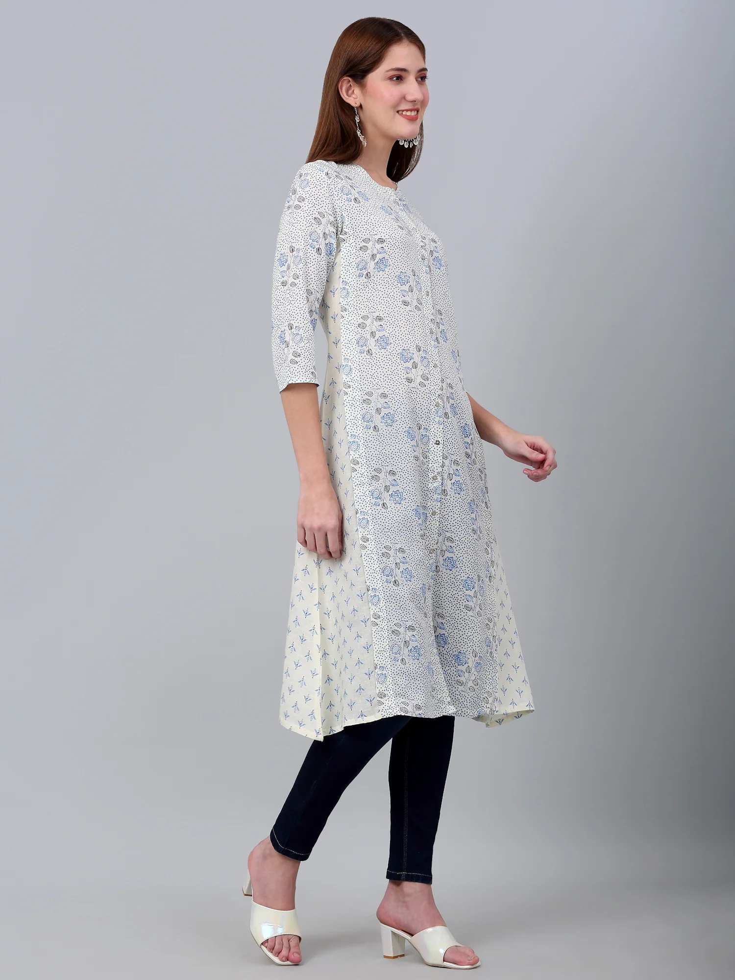 Women's White Floral Printed Three Quarter Sleeves Kurti - Image 3