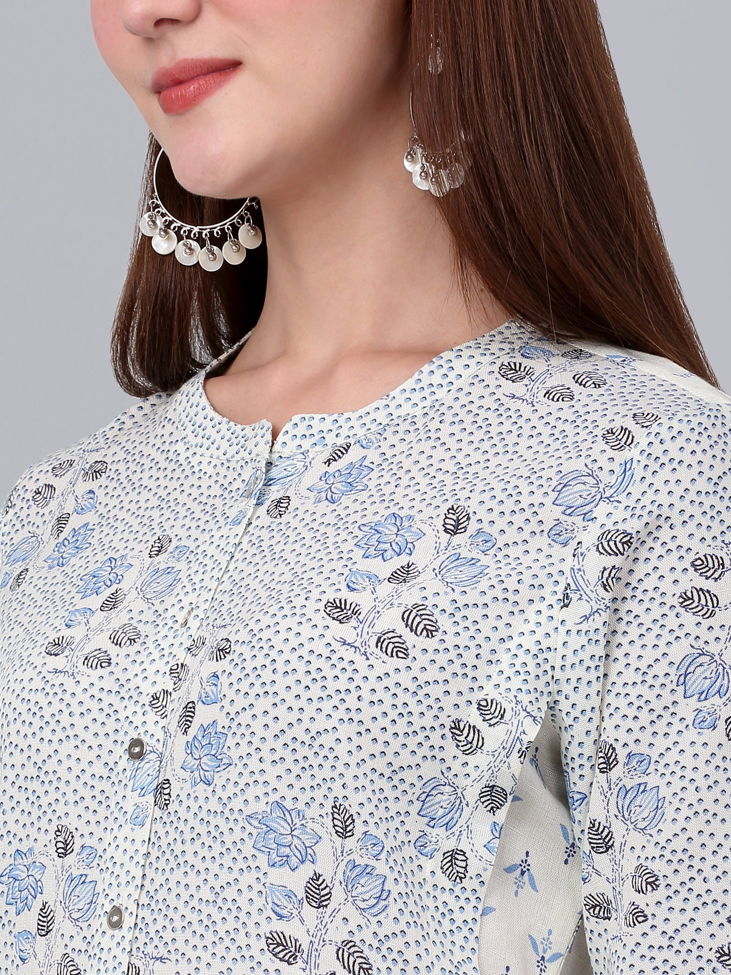 Women's White Floral Printed Three Quarter Sleeves Kurti - Image 5