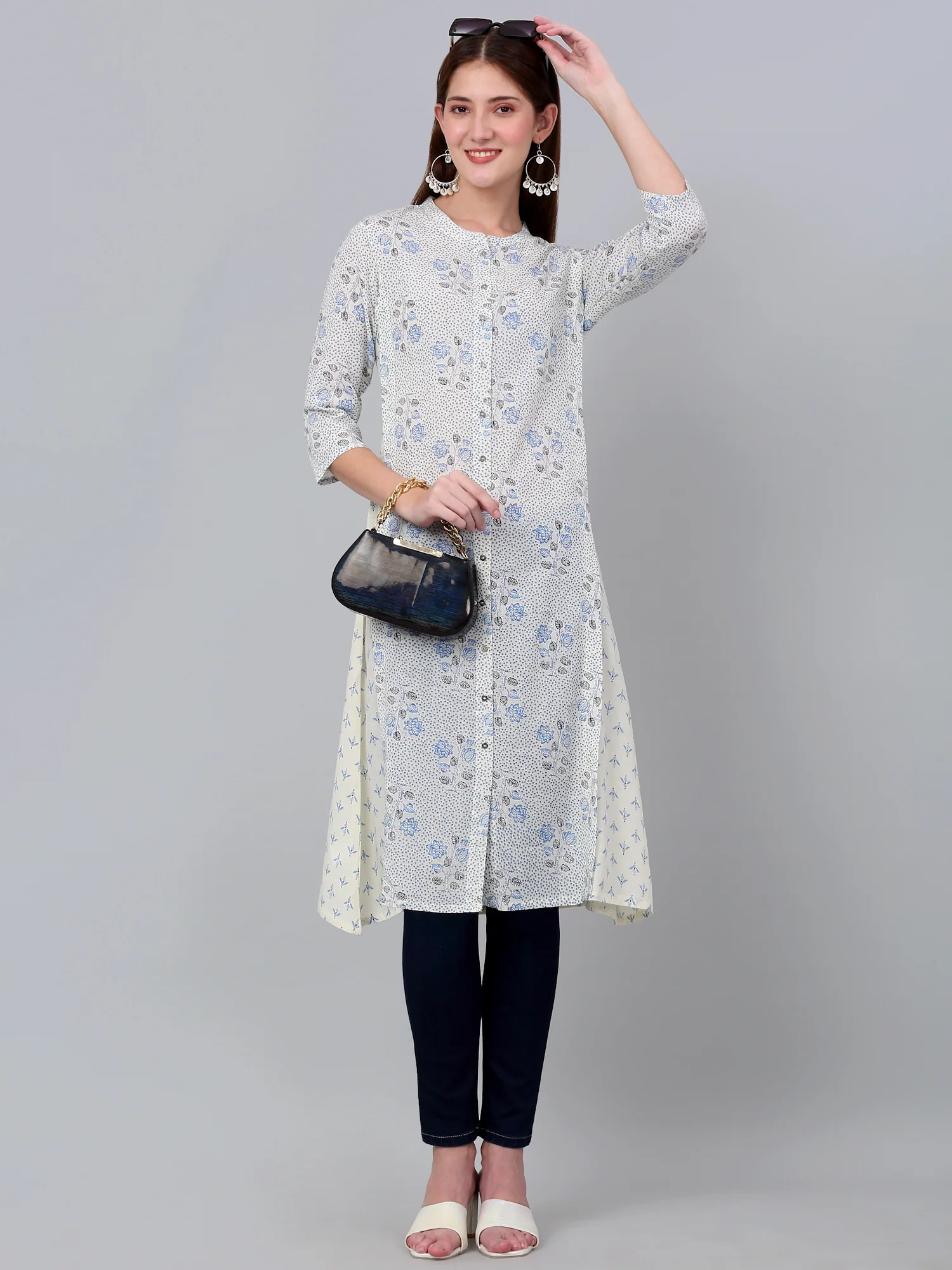 Women's White Floral Printed Three Quarter Sleeves Kurti - Image 6