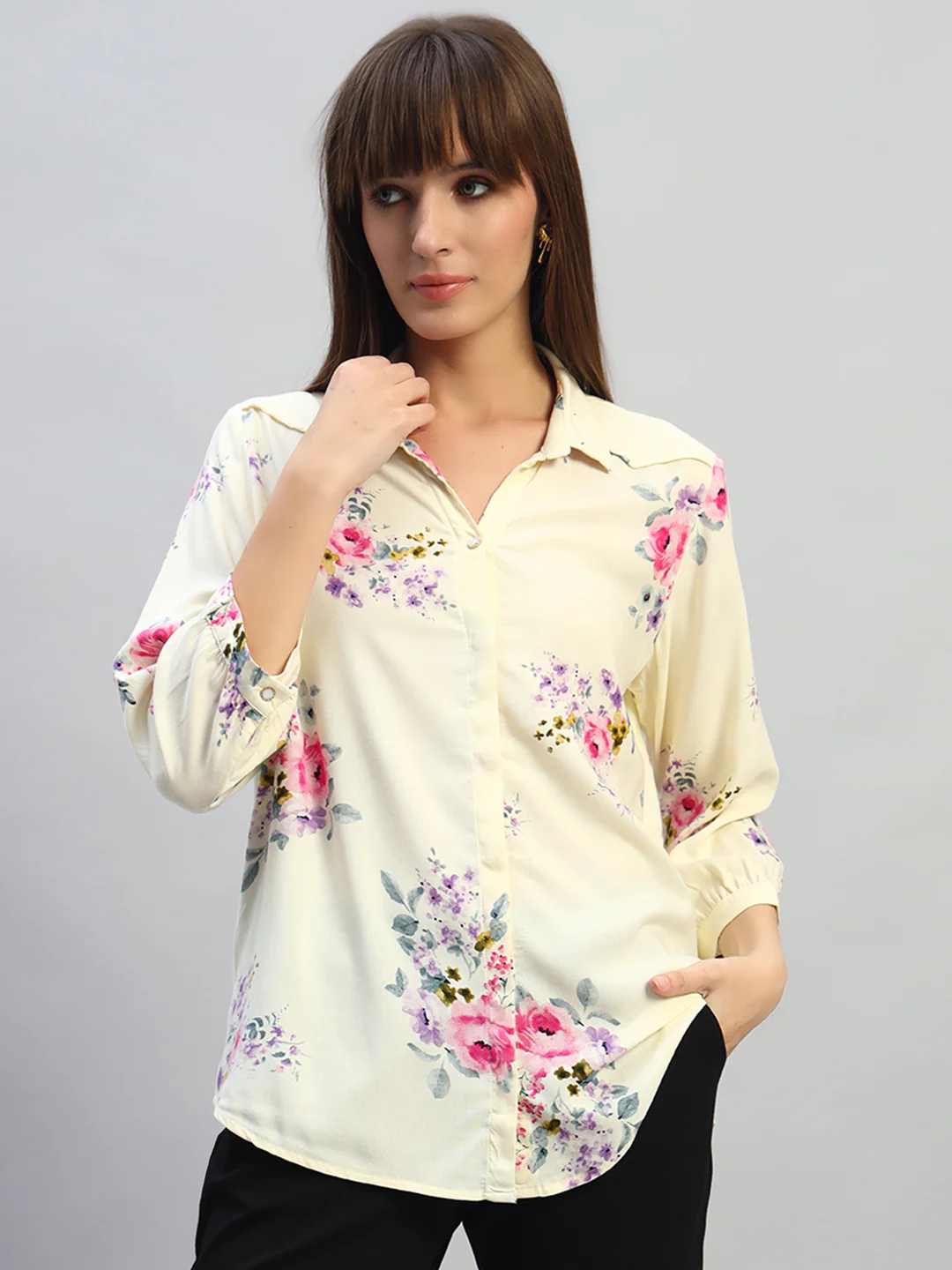 Women's White Printed 3/4th Sleeves Spread Collar Casual Top - Image 2