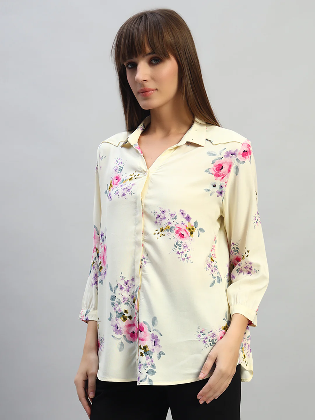 Women's White Printed 3/4th Sleeves Spread Collar Casual Top - Image 3