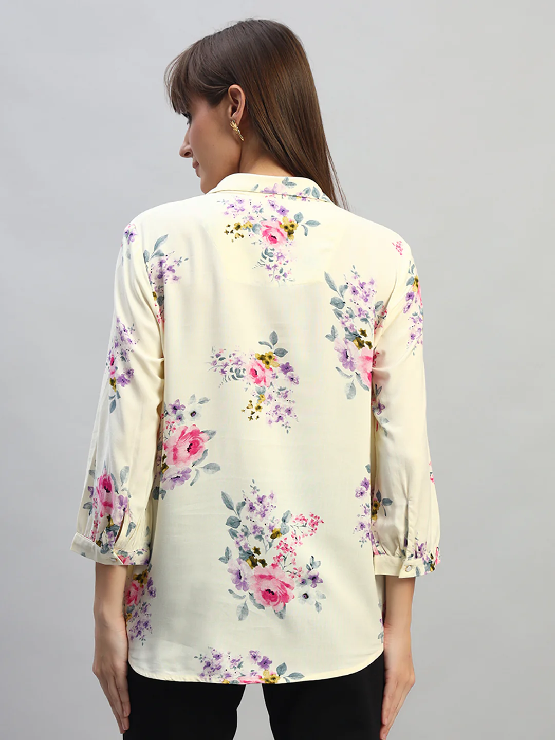Women's White Printed 3/4th Sleeves Spread Collar Casual Top - Image 4