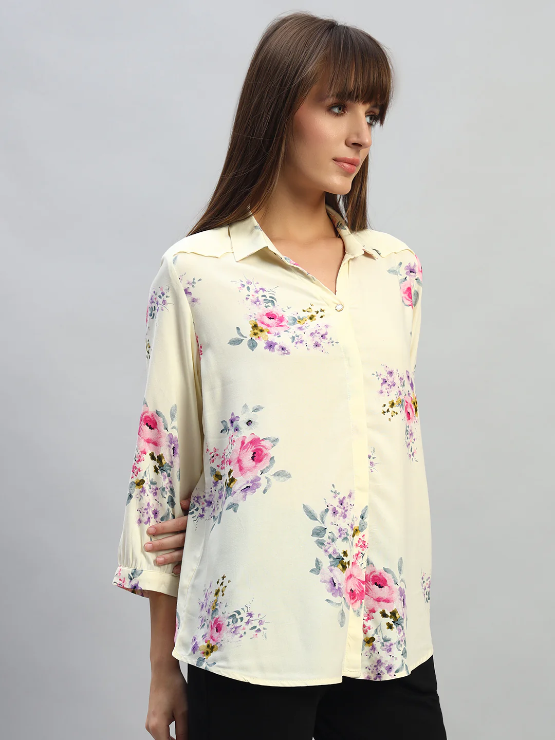 Women's White Printed 3/4th Sleeves Spread Collar Casual Top - Image 5