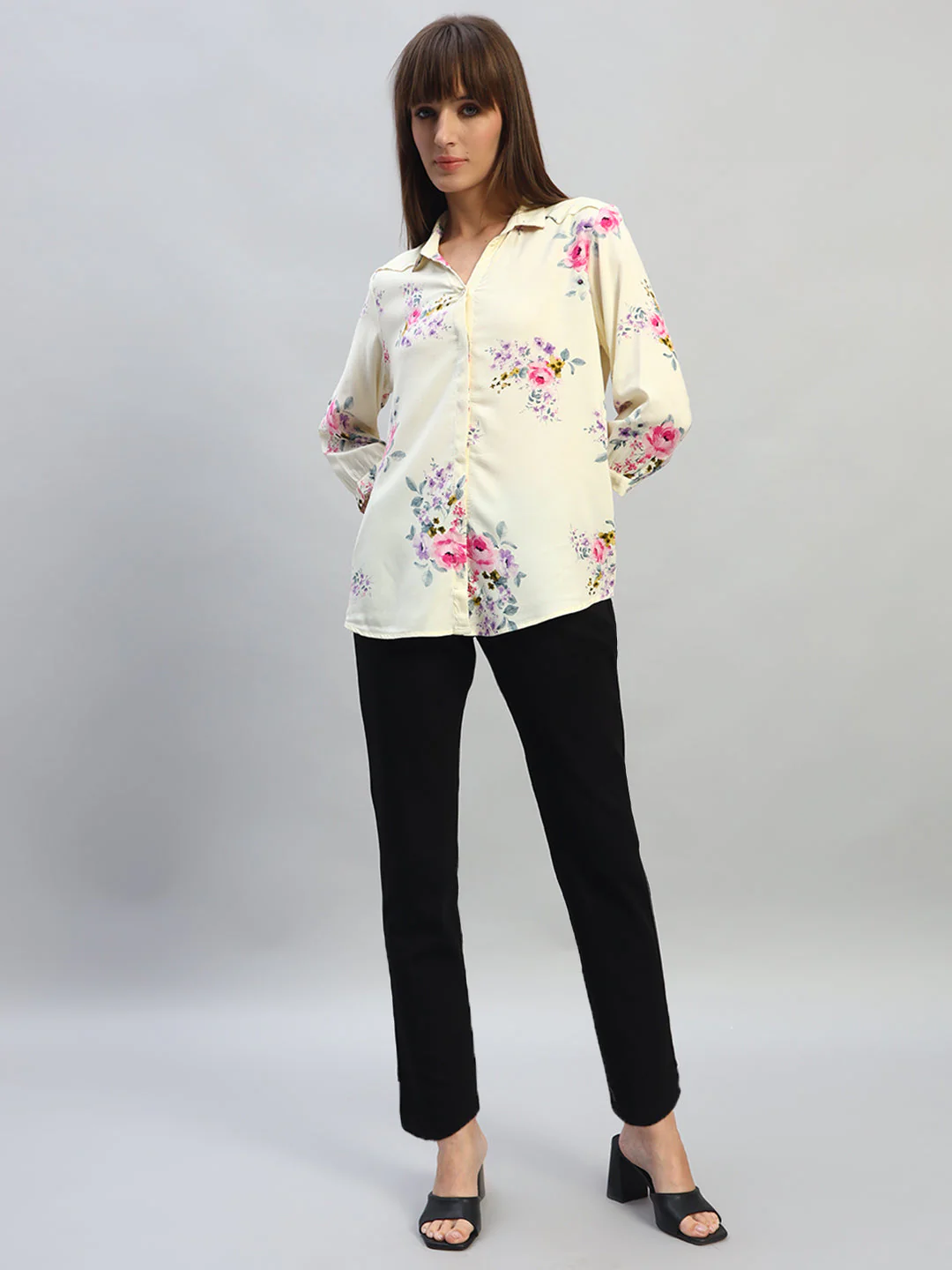 Women's White Printed 3/4th Sleeves Spread Collar Casual Top - Image 7