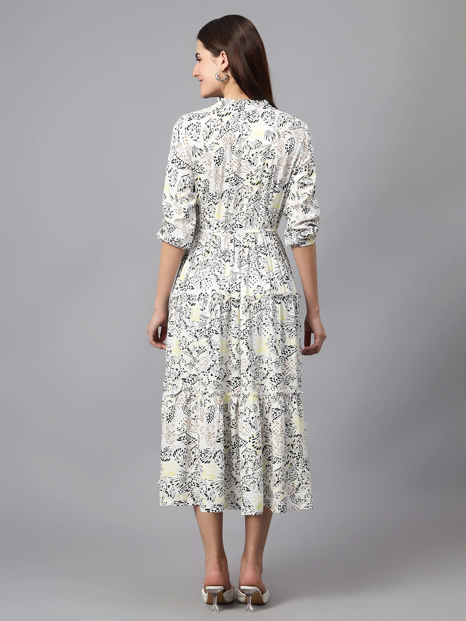 Women's Casual Tie up neck White Floral Print Fit & Flared Dress - Image 2