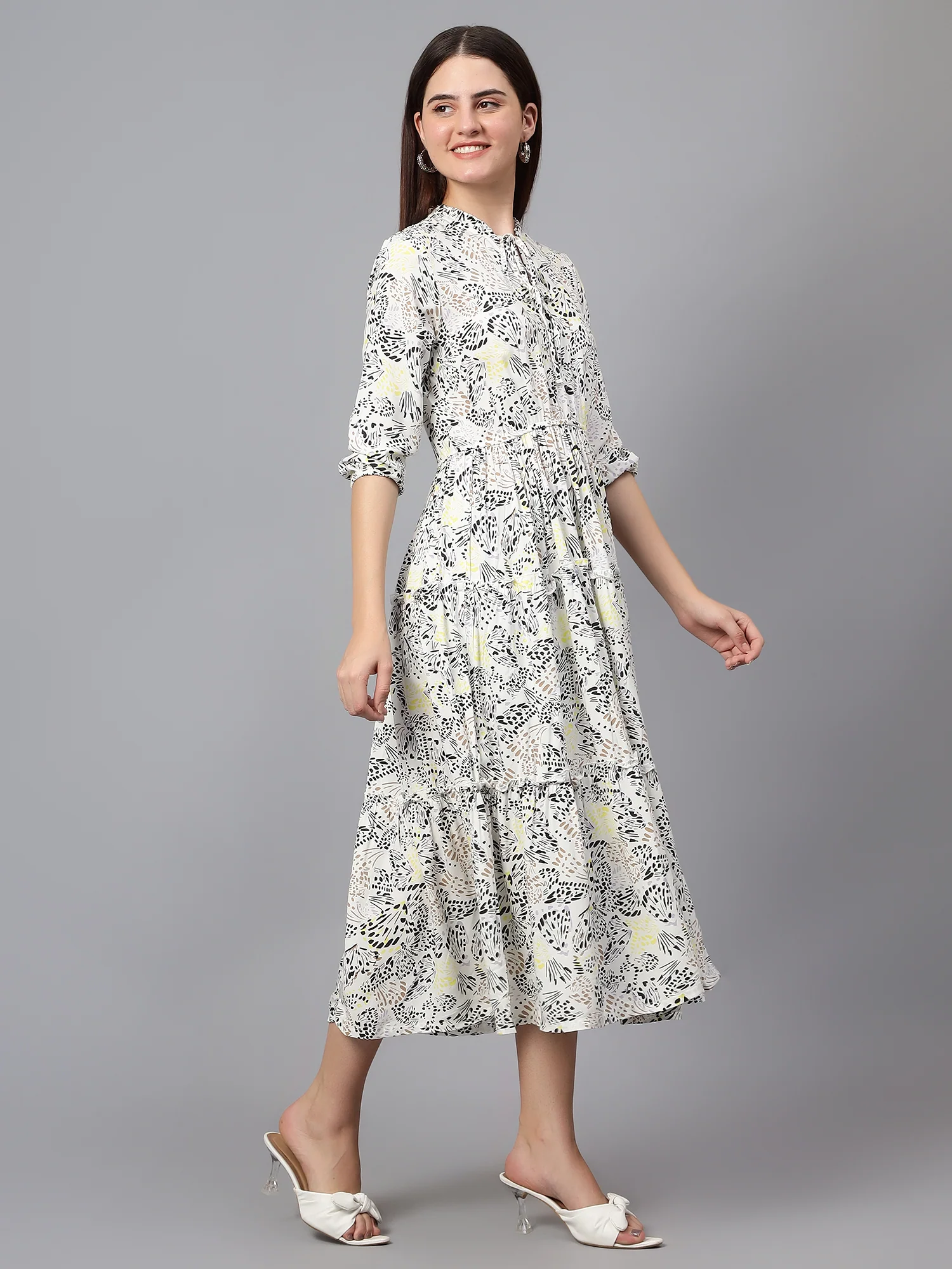 Women's Casual Tie up neck White Floral Print Fit & Flared Dress - Image 3