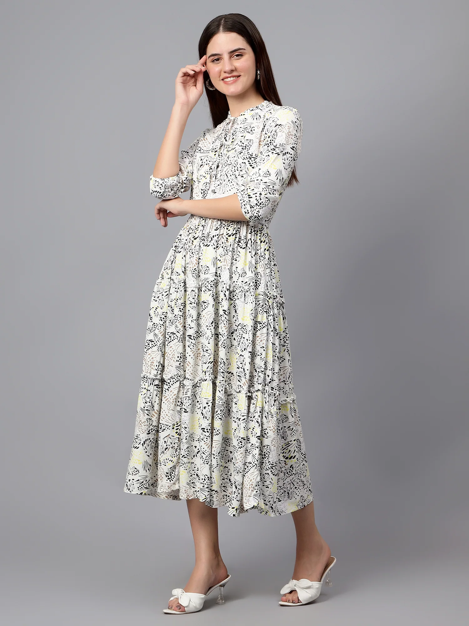 Women's Casual Tie up neck White Floral Print Fit & Flared Dress - Image 4