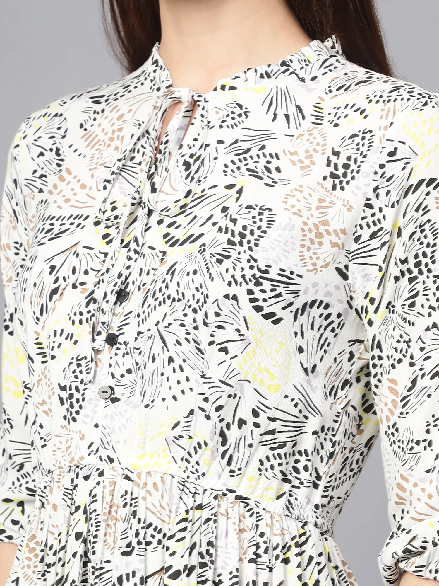 Women's Casual Tie up neck White Floral Print Fit & Flared Dress - Image 5
