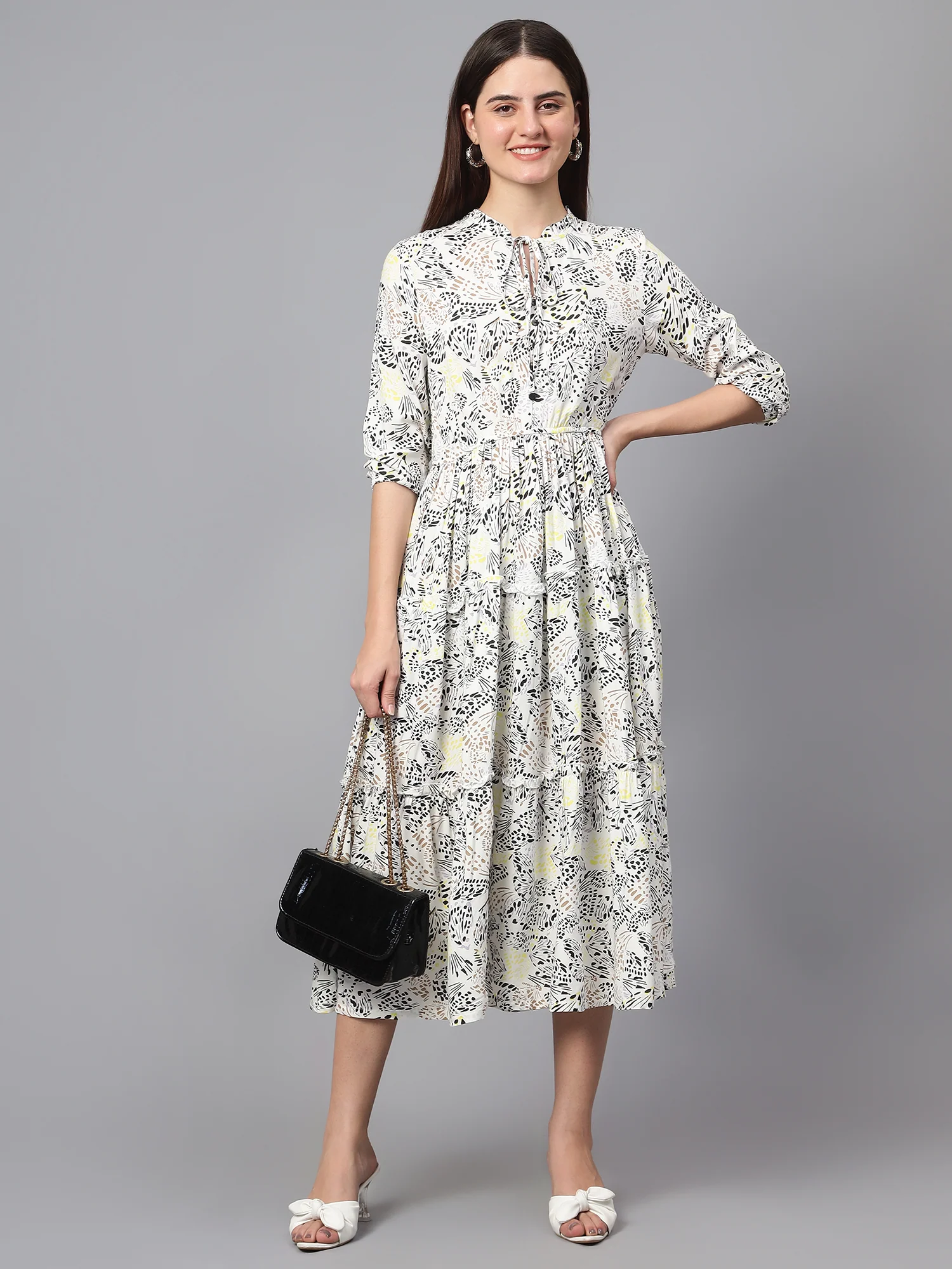 Women's Casual Tie up neck White Floral Print Fit & Flared Dress - Image 6