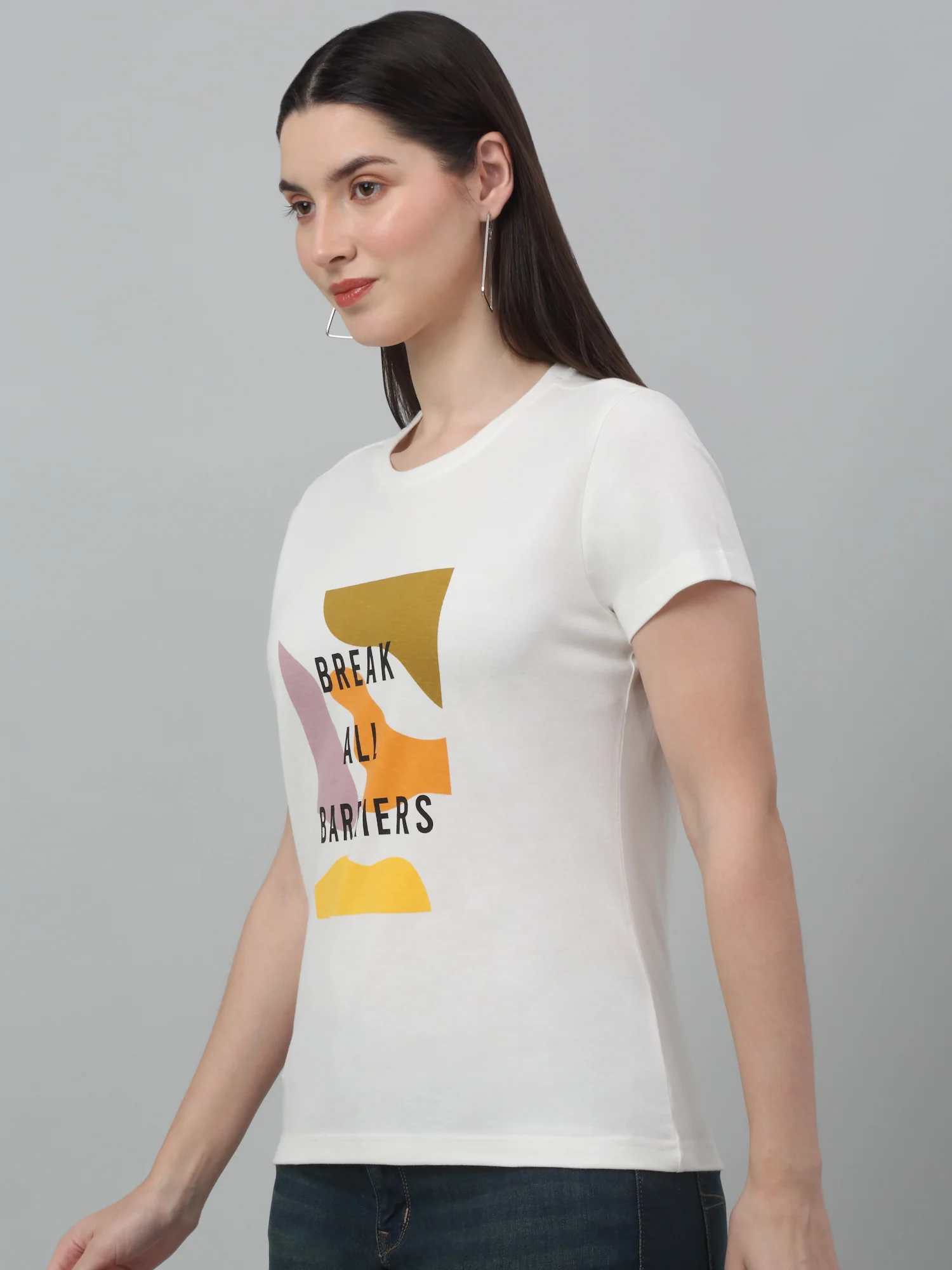Women's Casual Regular Short Sleeve White Round neck Typographic Print T-Shirt - Image 3