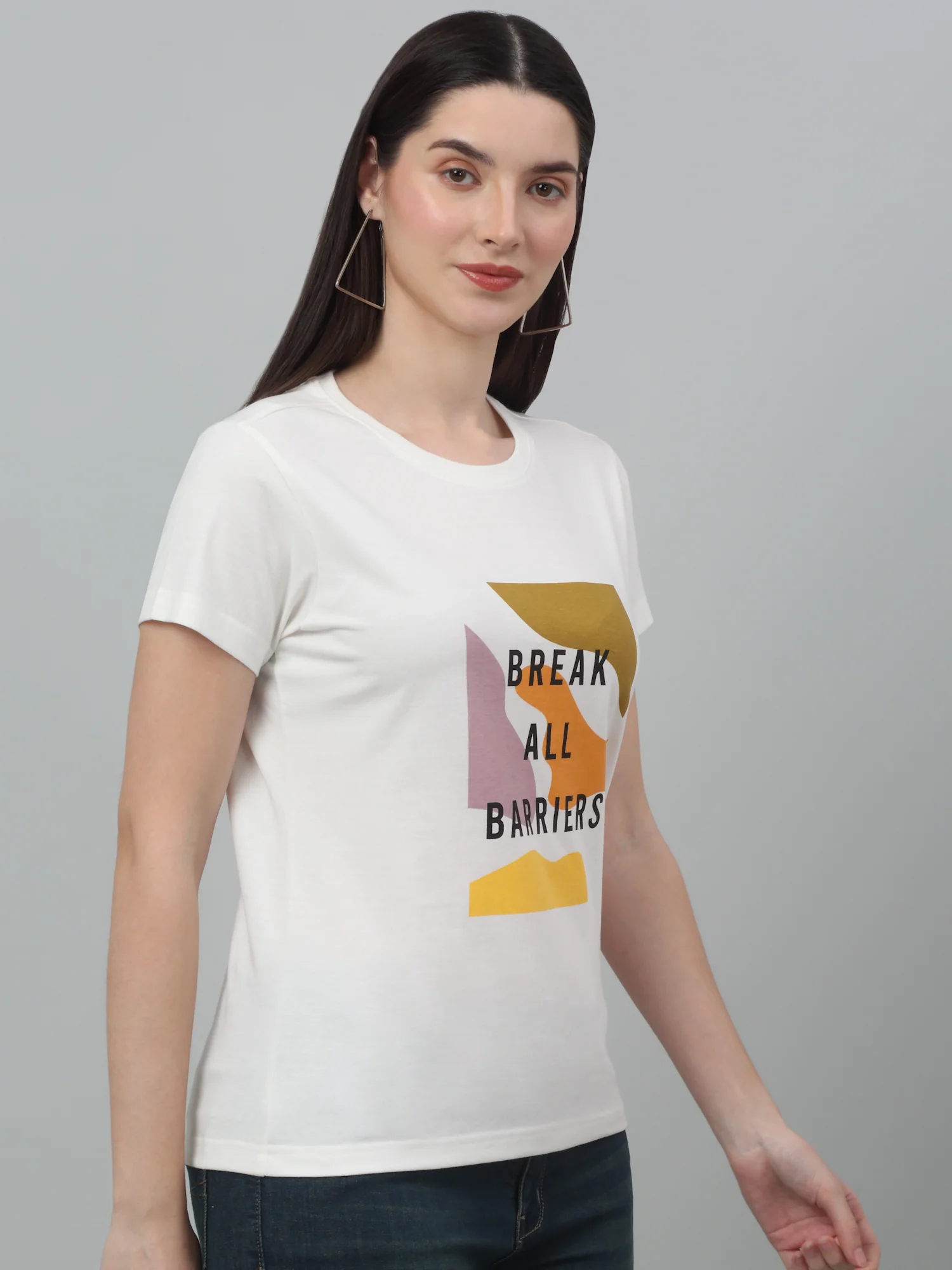 Women's Casual Regular Short Sleeve White Round neck Typographic Print T-Shirt - Image 4