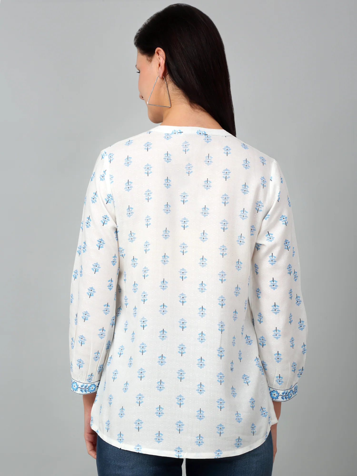 Women's Casual  Offwhite Floral Print Mandarin Collar Tunic - Image 2
