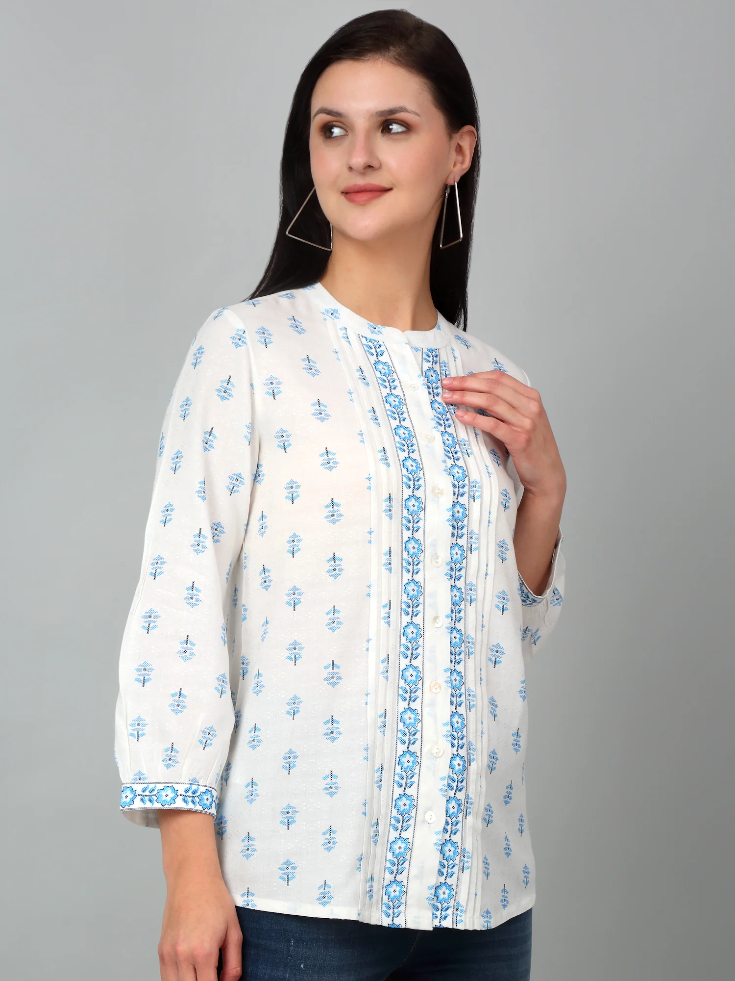 Women's Casual  Offwhite Floral Print Mandarin Collar Tunic - Image 3
