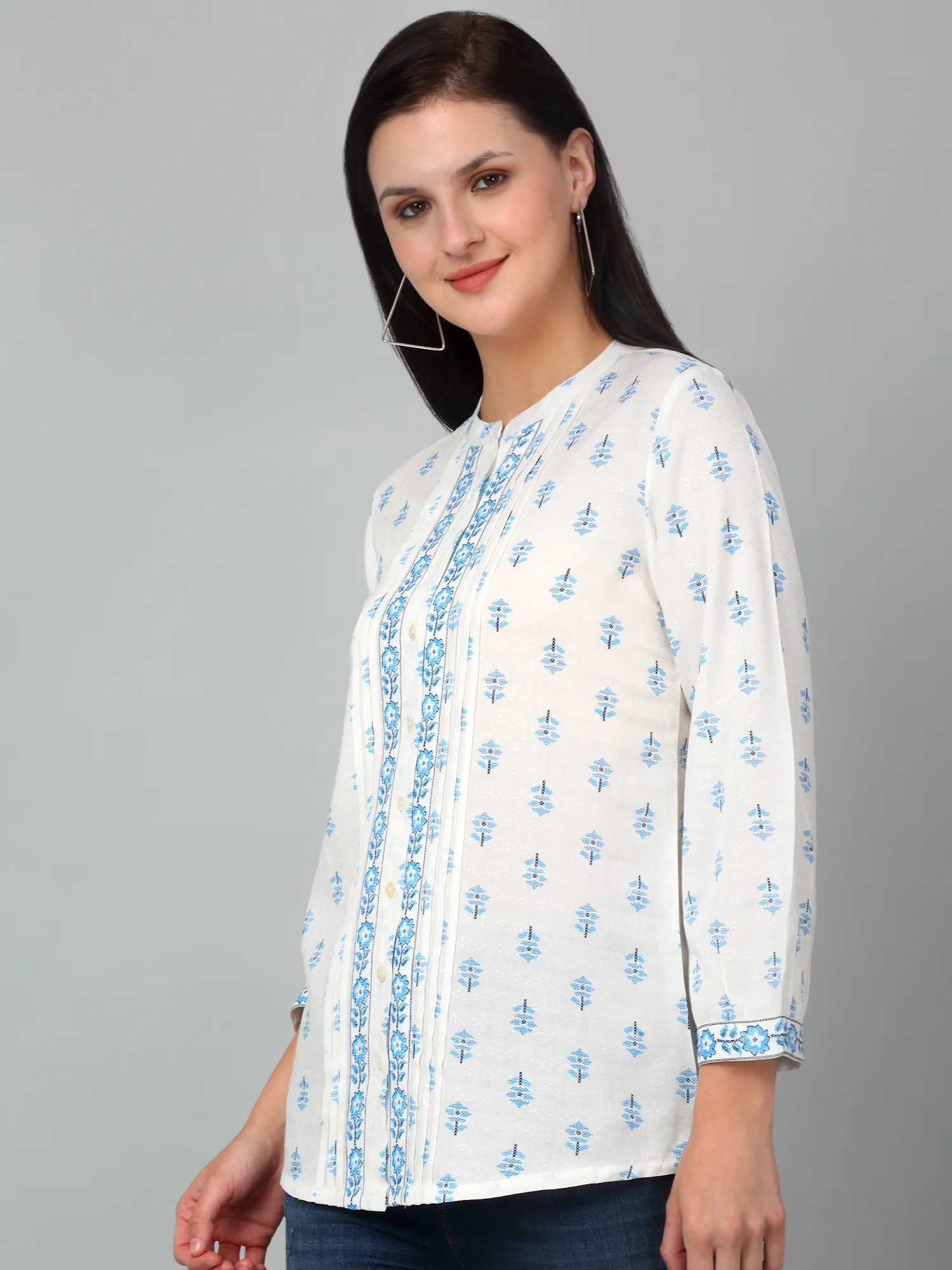 Women's Casual  Offwhite Floral Print Mandarin Collar Tunic - Image 4