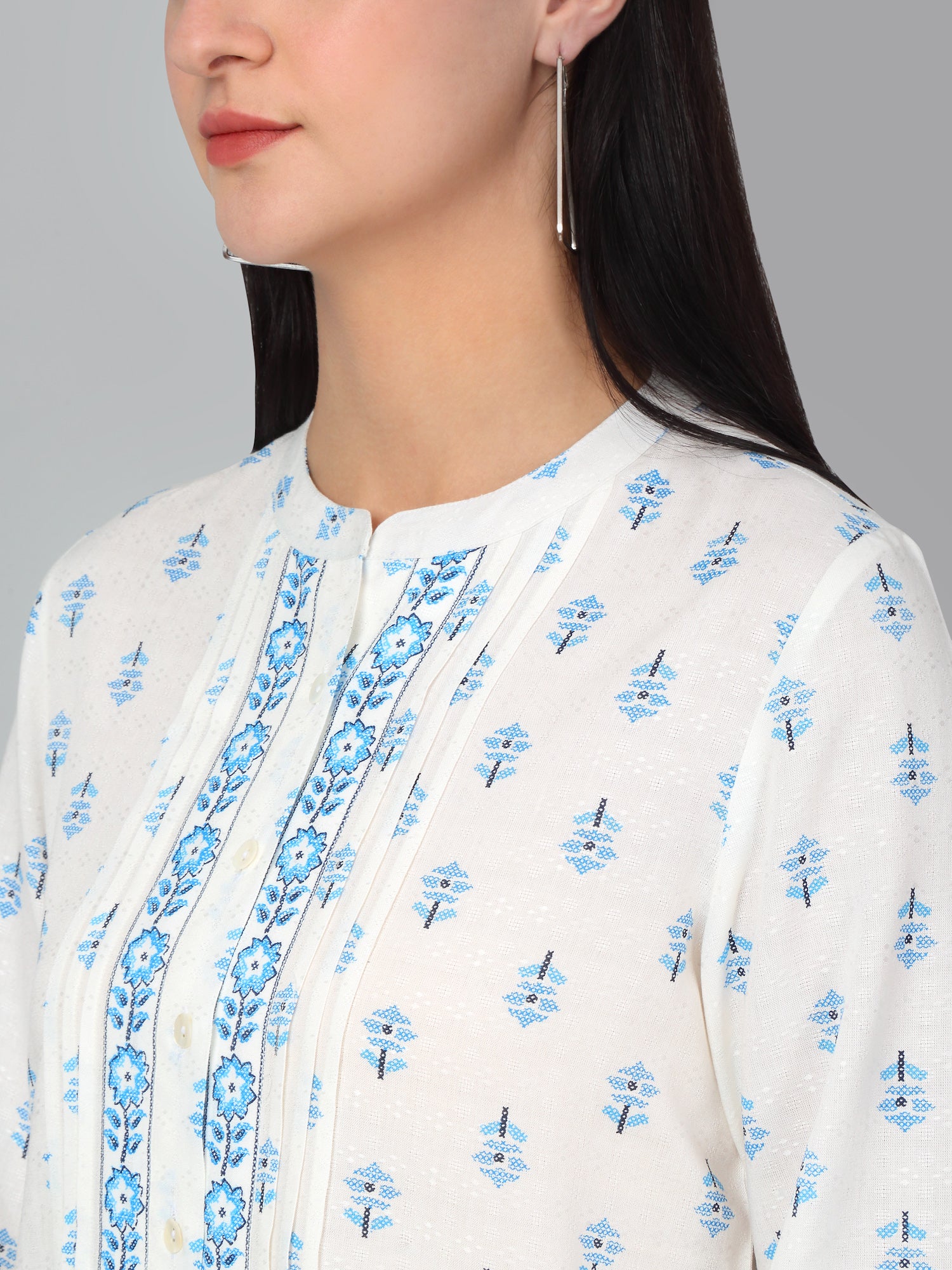 Women's Casual  Offwhite Floral Print Mandarin Collar Tunic - Image 5