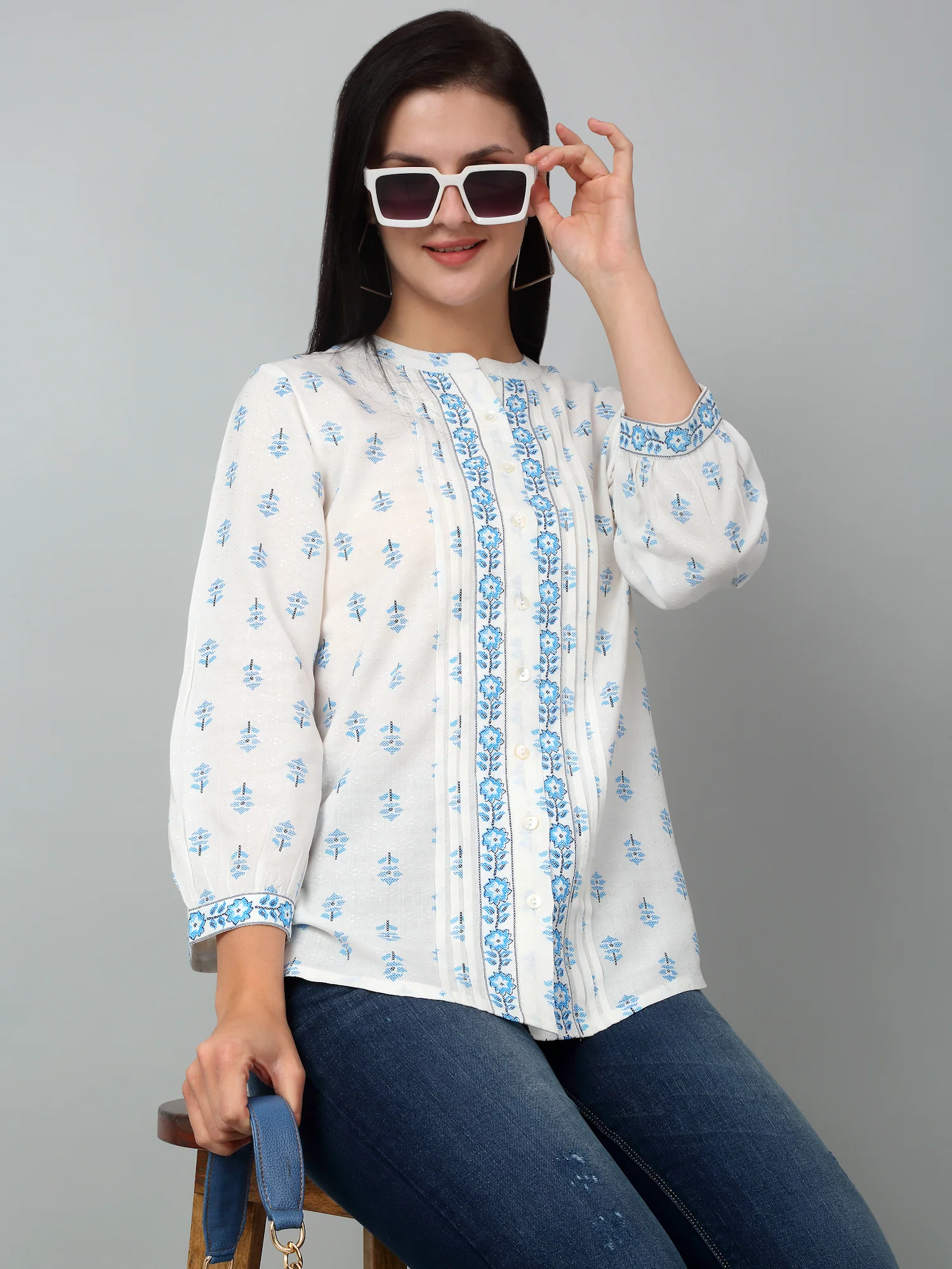 Women's Casual  Offwhite Floral Print Mandarin Collar Tunic - Image 6