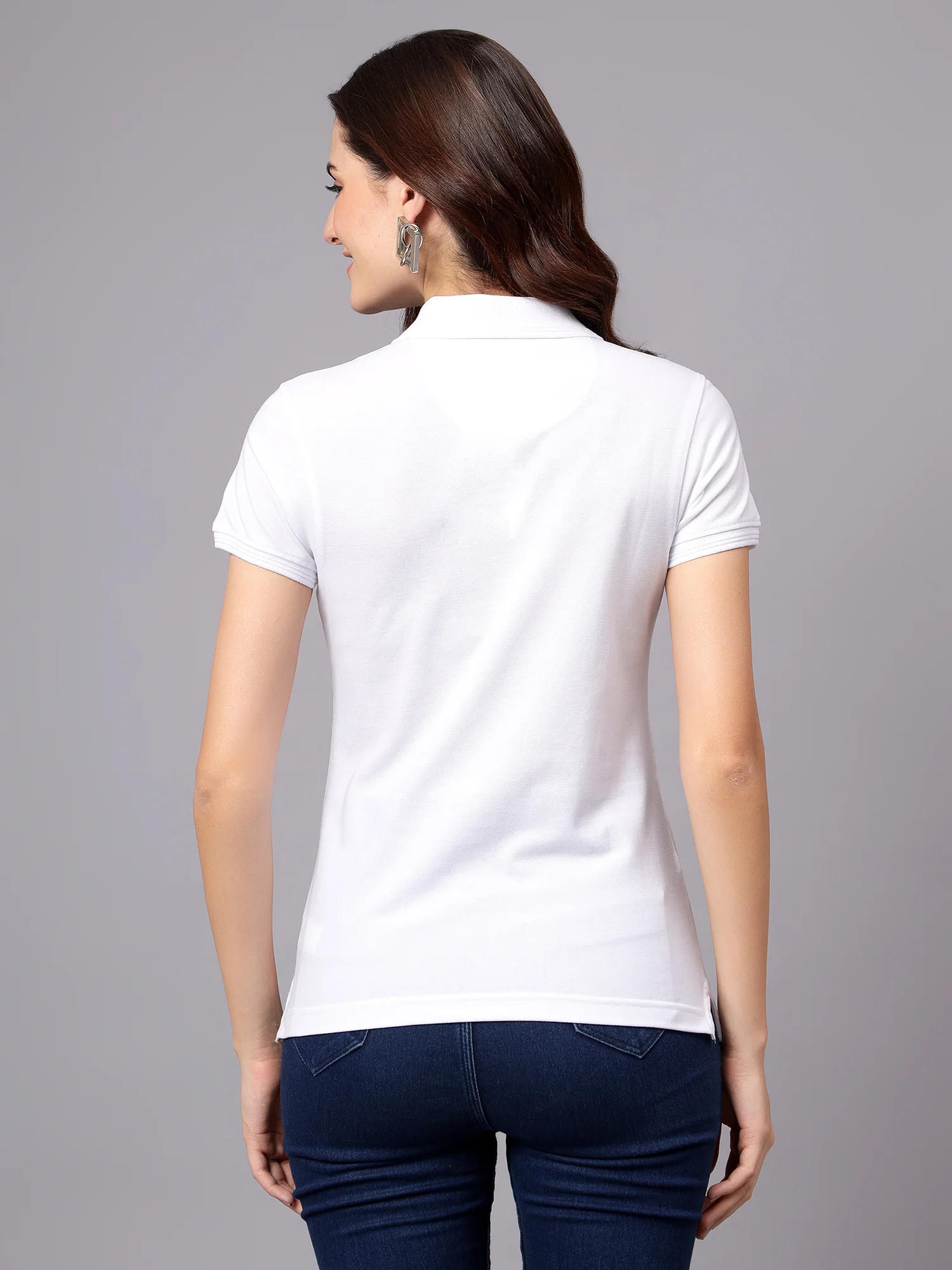 Women's White Solid Polo Neck T-shirt - Image 2