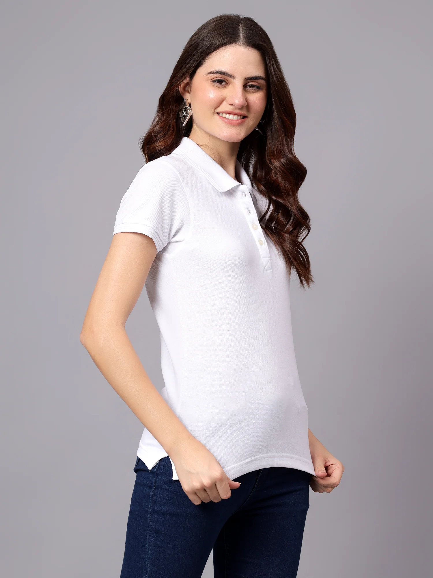 Women's White Solid Polo Neck T-shirt - Image 3