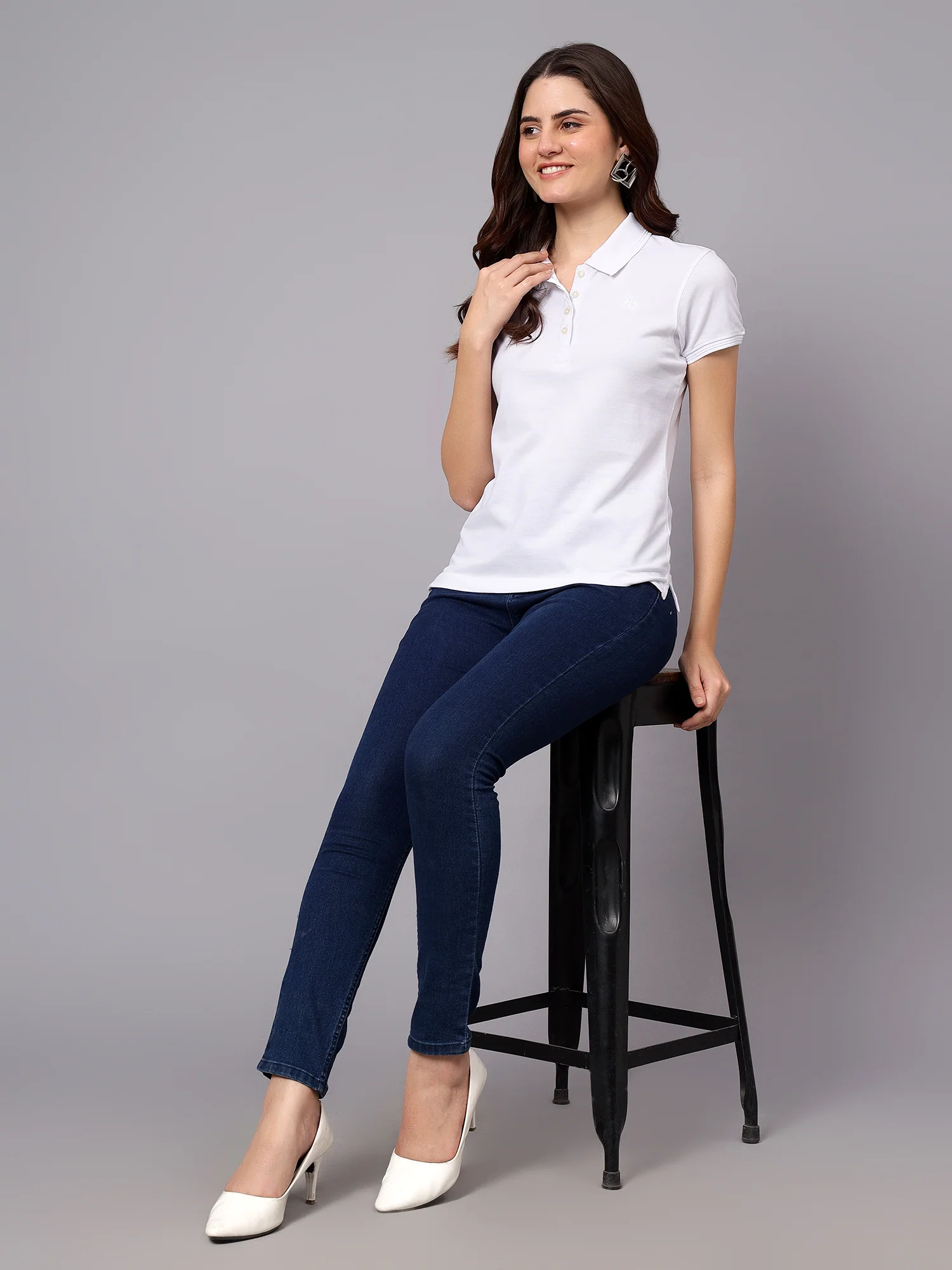 Women's White Solid Polo Neck T-shirt - Image 6