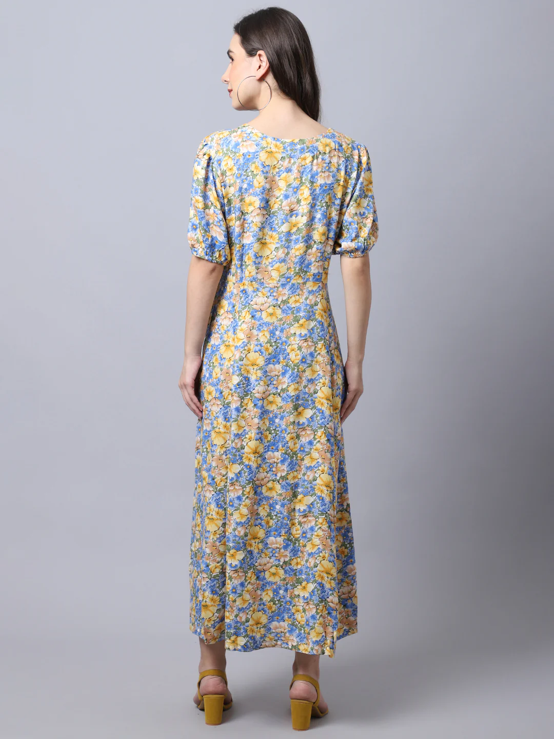 Women's Casual V neck Yellow Floral Print A line Dress - Image 2