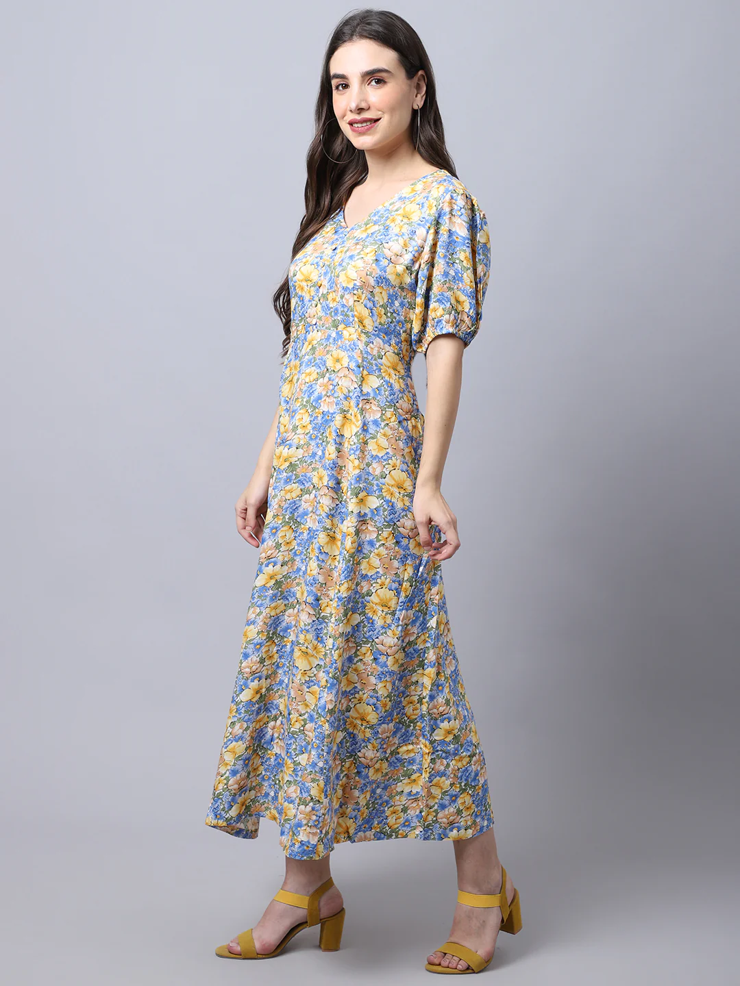 Women's Casual V neck Yellow Floral Print A line Dress - Image 3