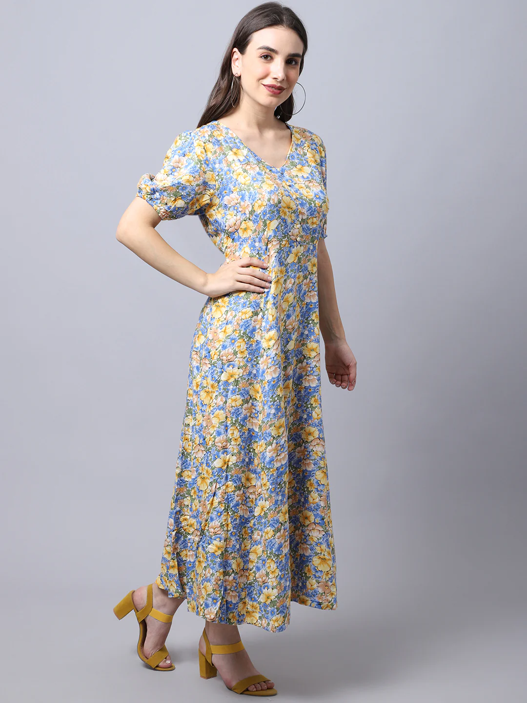Women's Casual V neck Yellow Floral Print A line Dress - Image 4