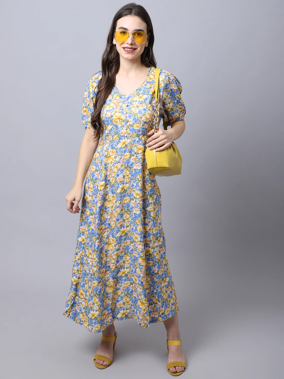 Women's Casual V neck Yellow Floral Print A line Dress - Image 5