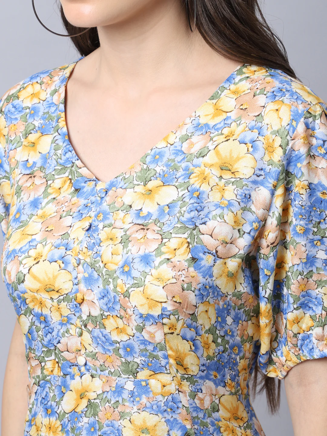 Women's Casual V neck Yellow Floral Print A line Dress - Image 6