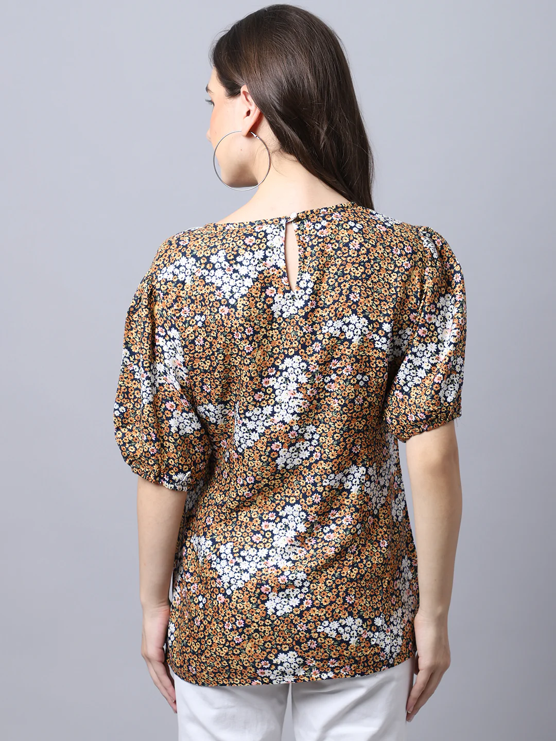 Women's Casual  Yellow Floral Print Round neck with keyhole Top - Image 2
