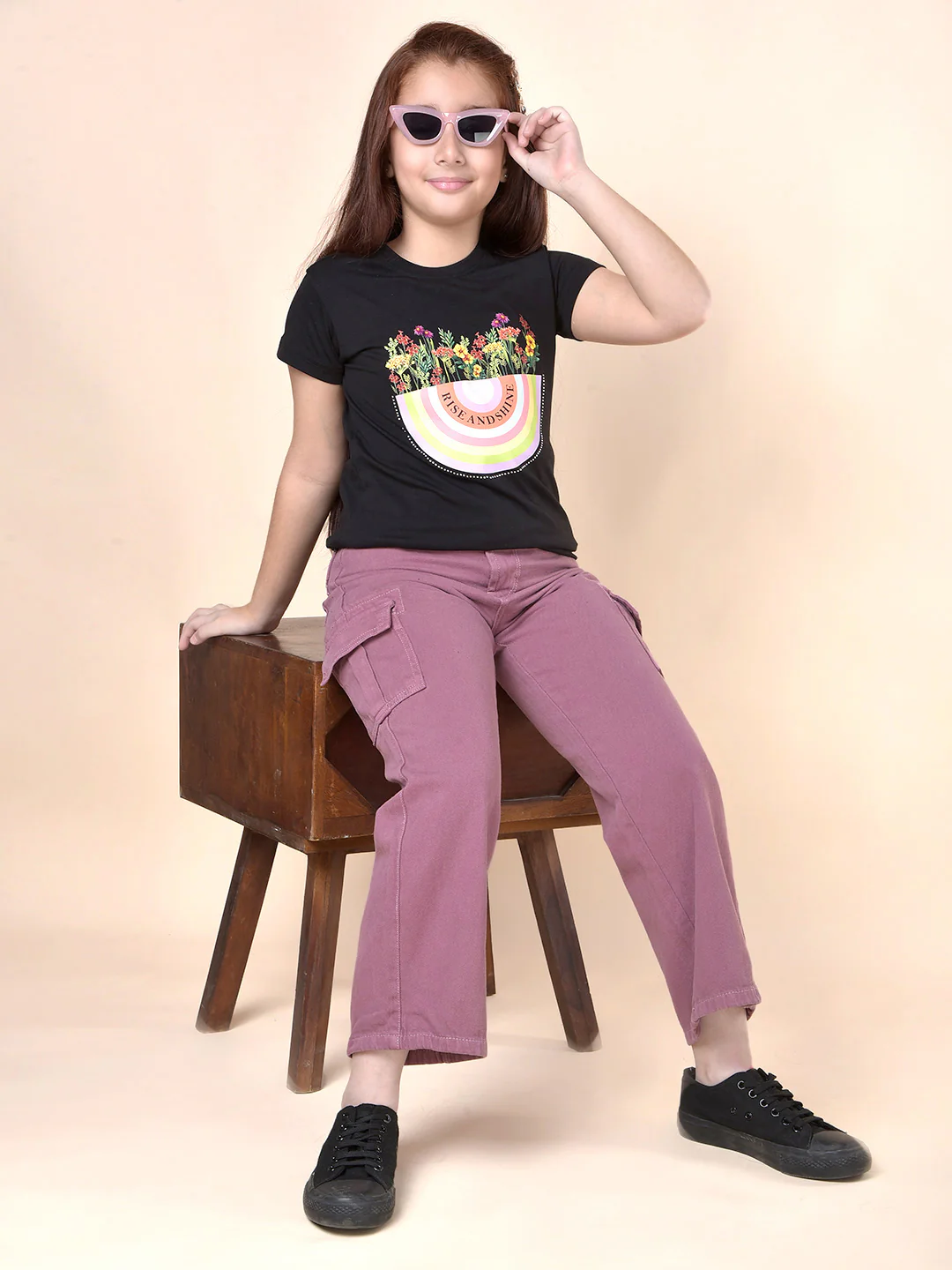 Casual Cargo for Girls | Breathable & Soft with Color Fastness Regular Fit Cotton Fabric Button Closure Solid Pattern - Image 2