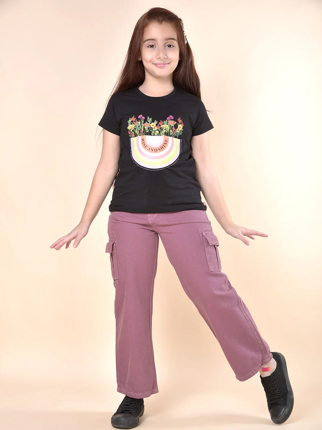 Casual Cargo for Girls | Breathable & Soft with Color Fastness Regular Fit Cotton Fabric Button Closure Solid Pattern - Image 4