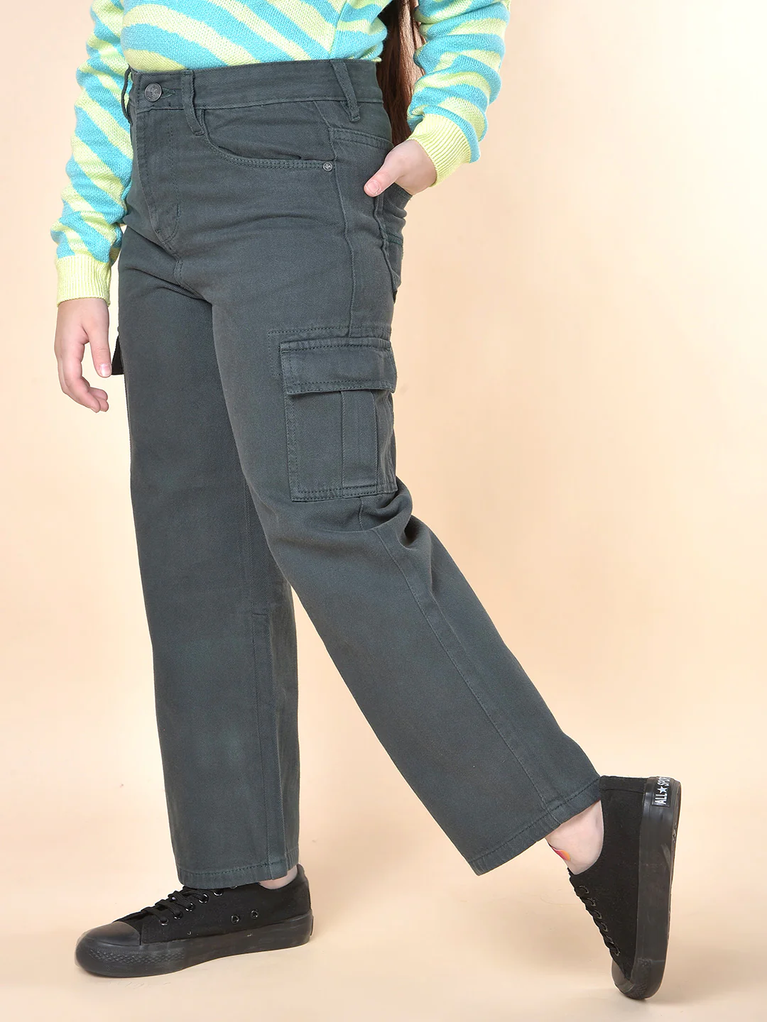 Casual Cargo for Girls | Breathable & Soft with Color Fastness Regular Fit Cotton Fabric Button Closure Solid Pattern - Image 6